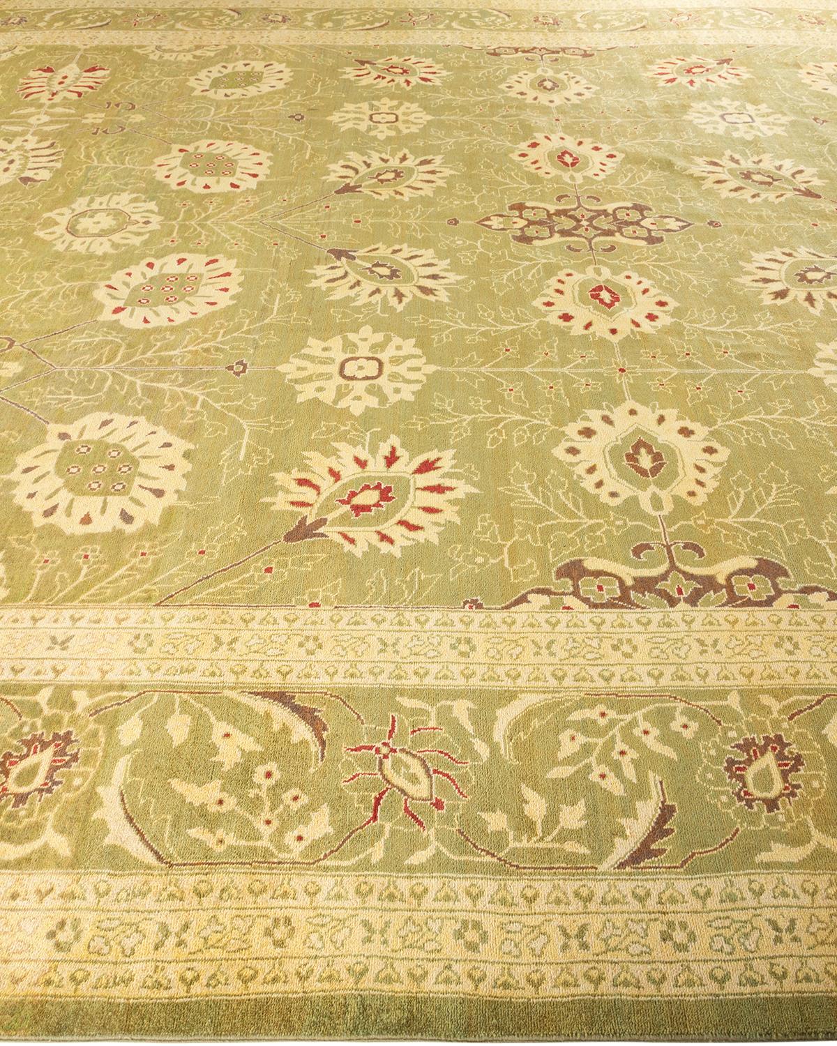 One-of-a-kind Hand Knotted Wool Eclectic Green Area Rug In New Condition For Sale In Norwalk, CT
