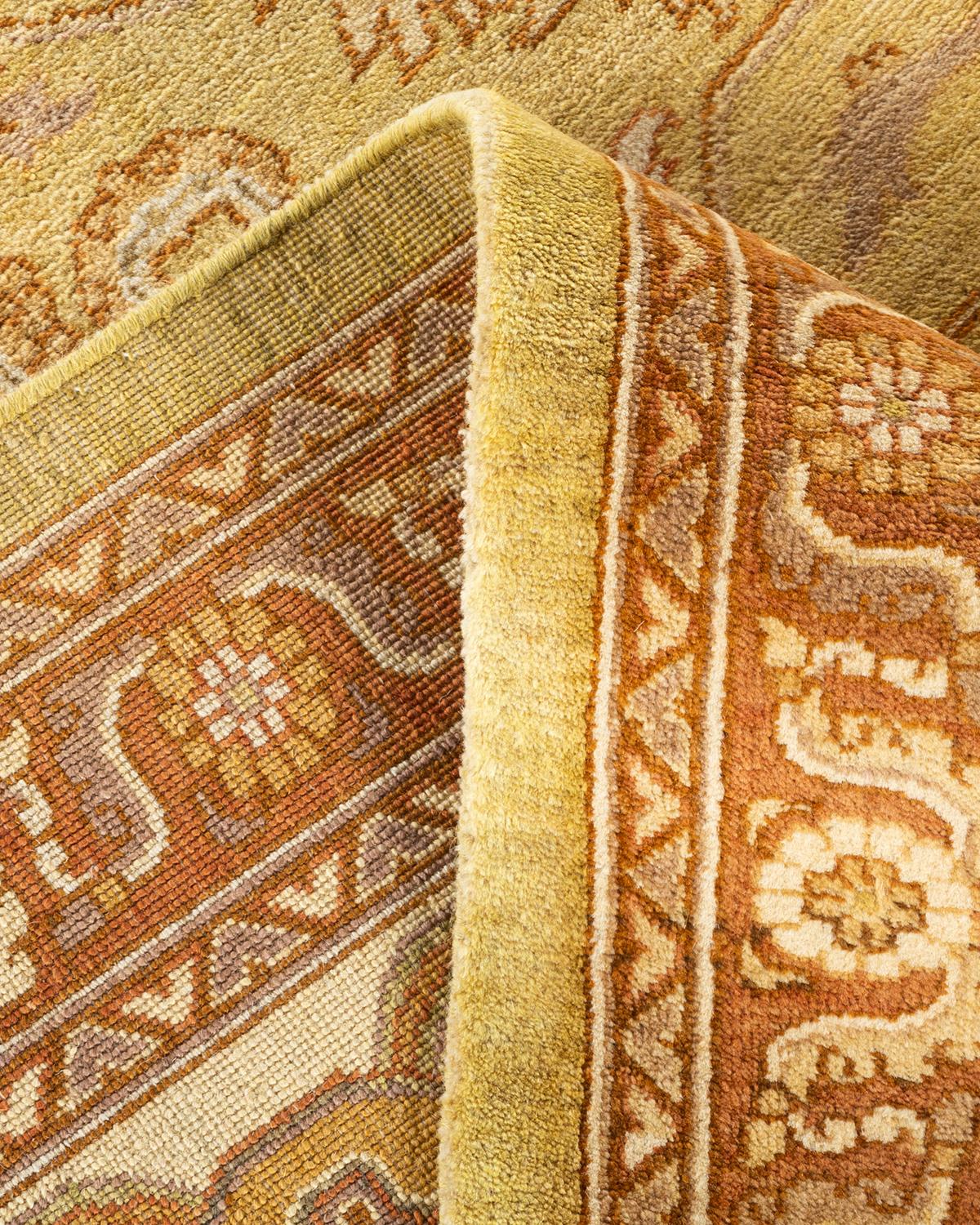 Alfombra verde ecléctica de lana anudada a mano única en su género Lana en venta