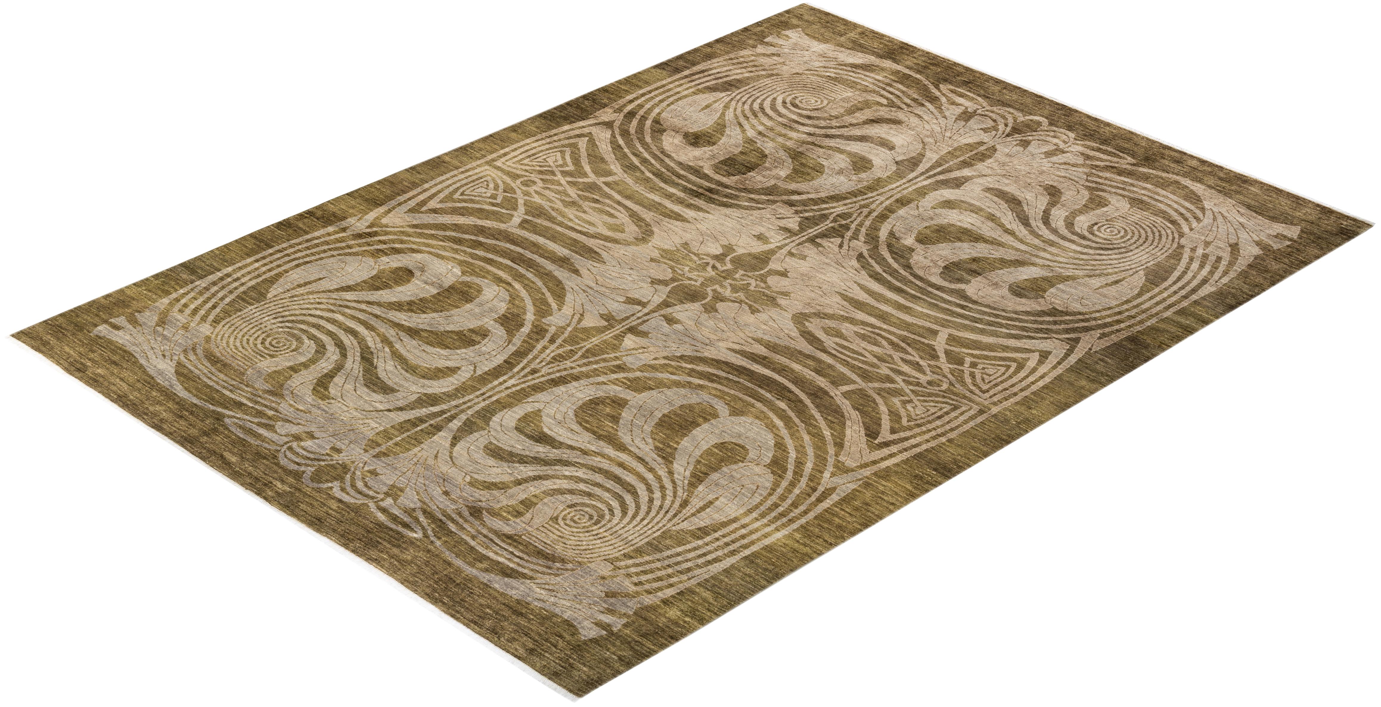 One-of-a-kind Hand Knotted Wool Eclectic Green Area Rug For Sale 3