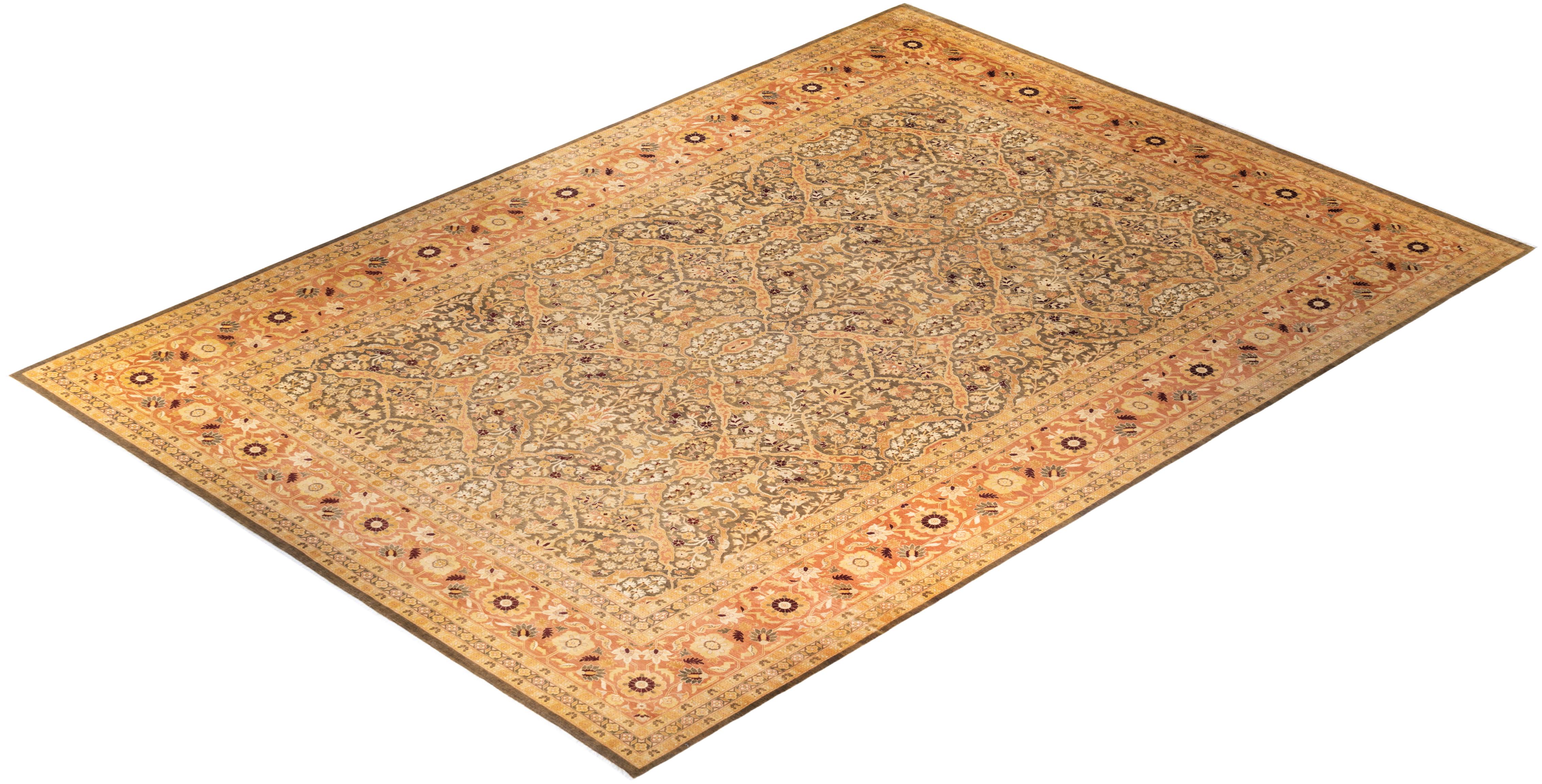 Tapis vert éclectique en laine nouée à la main, unique en son genre en vente 2