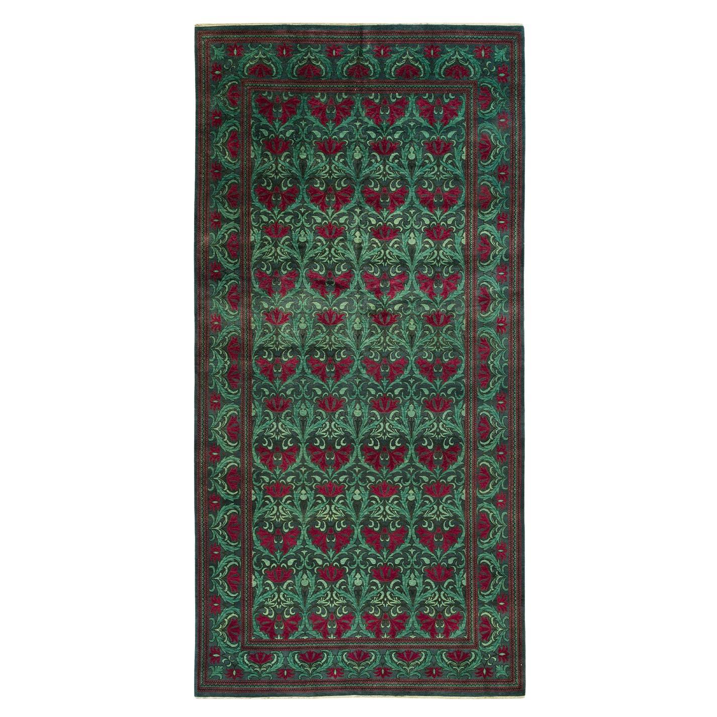 One-of-a-kind Hand Knotted Wool Eclectic Green Area Rug For Sale