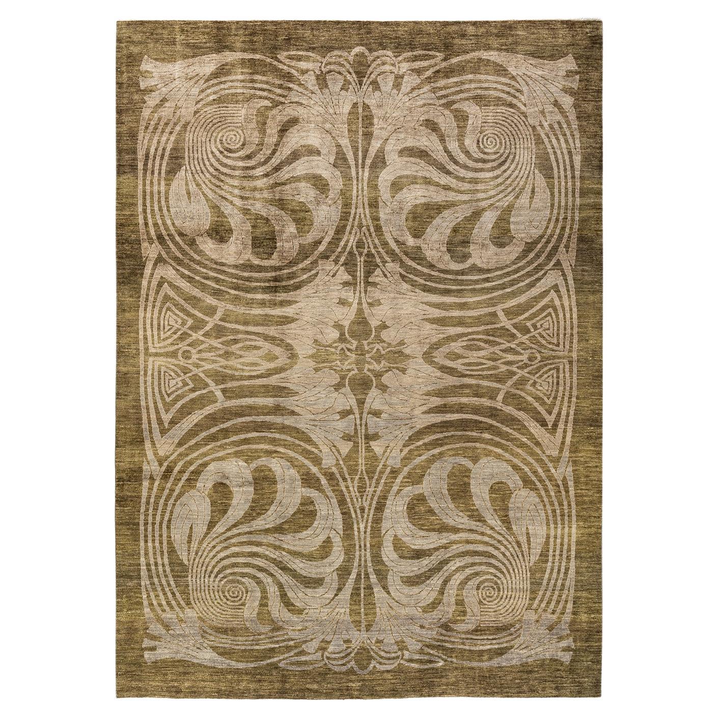 One-of-a-kind Hand Knotted Wool Eclectic Green Area Rug For Sale