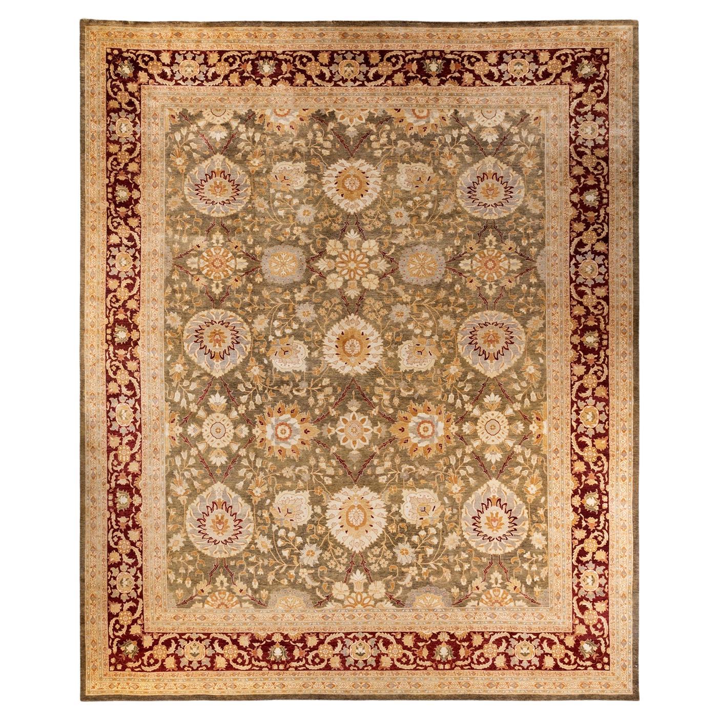 One-of-a-kind Hand Knotted Wool Eclectic Green Area Rug For Sale