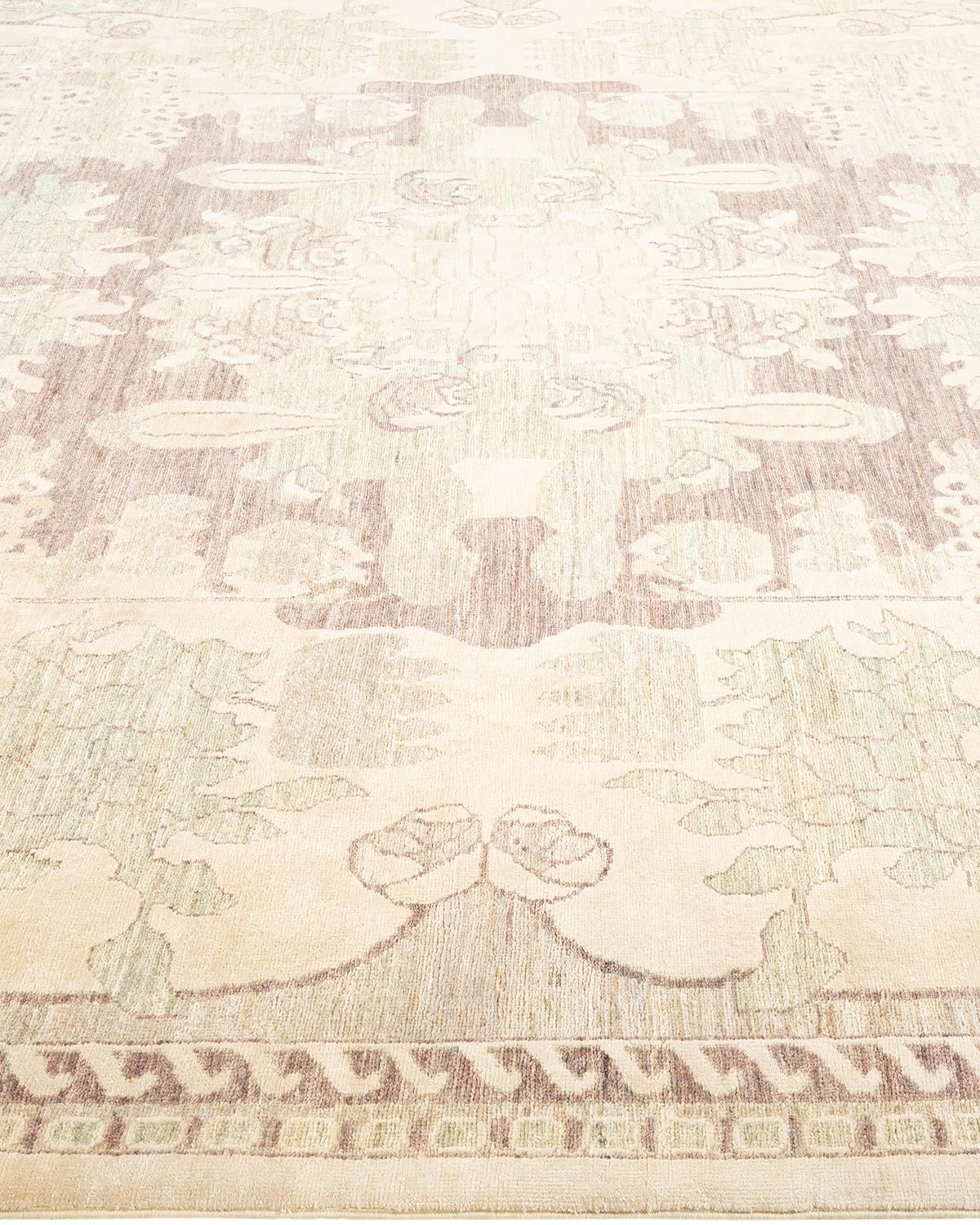 One-of-a-Kind Hand Knotted Wool Eclectic Ivory Area Rug In New Condition For Sale In Norwalk, CT