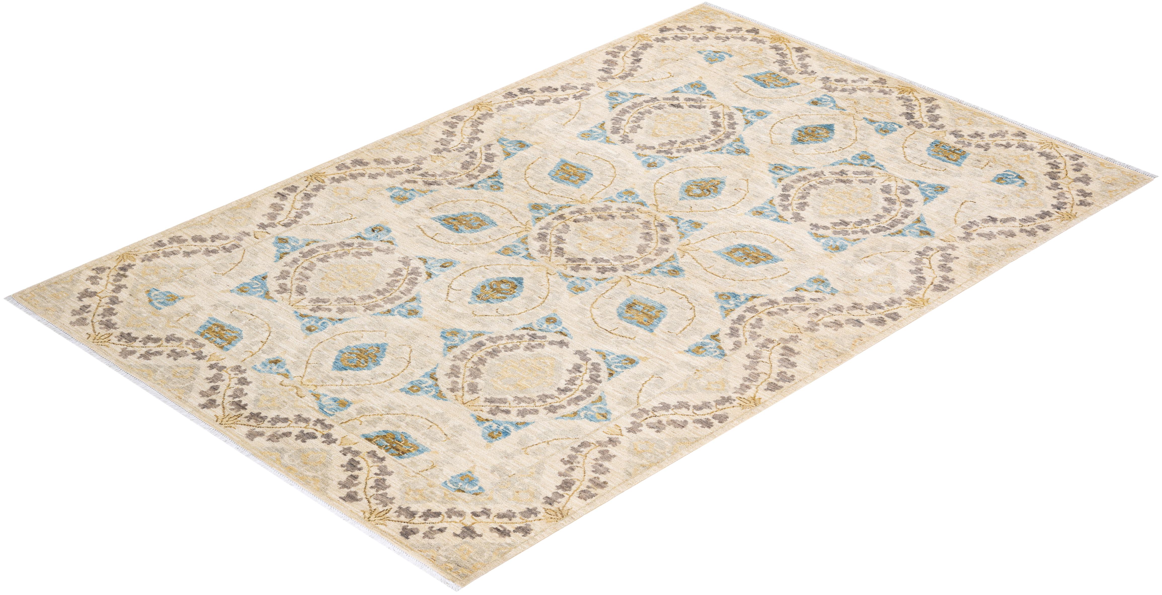 One-of-a-kind Hand Knotted Wool Eclectic Ivory Area Rug For Sale 3