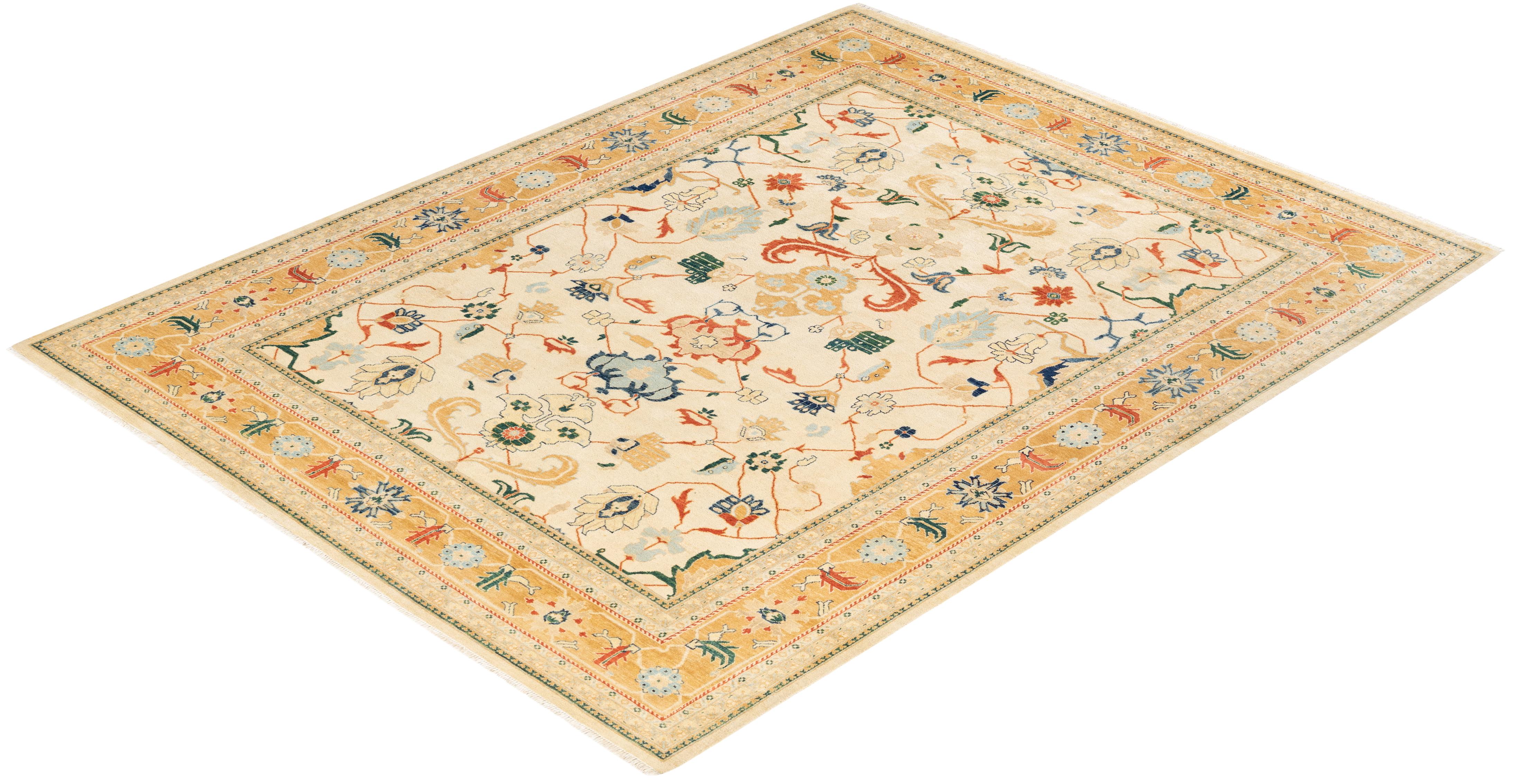 One-of-a-kind Hand Knotted Wool Eclectic Ivory Area Rug For Sale 3