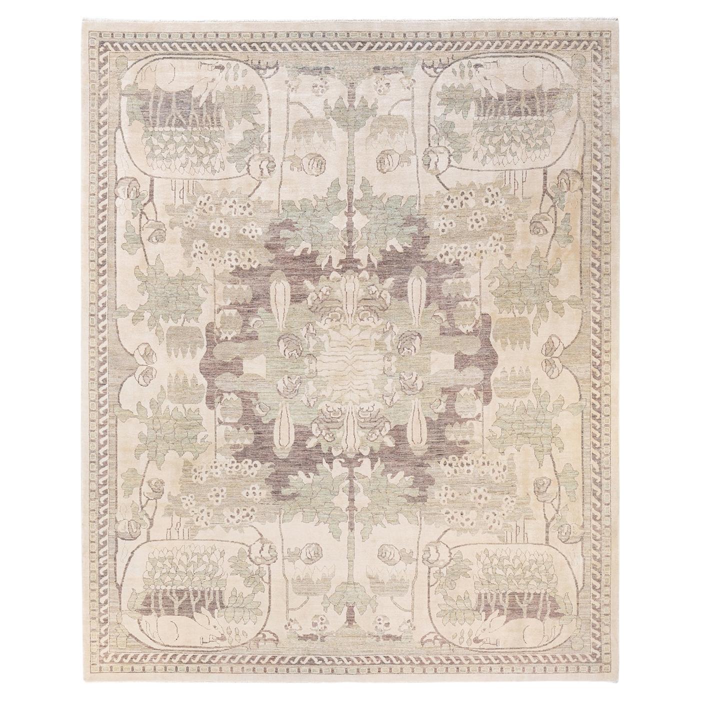 One-of-a-Kind Hand Knotted Wool Eclectic Ivory Area Rug For Sale