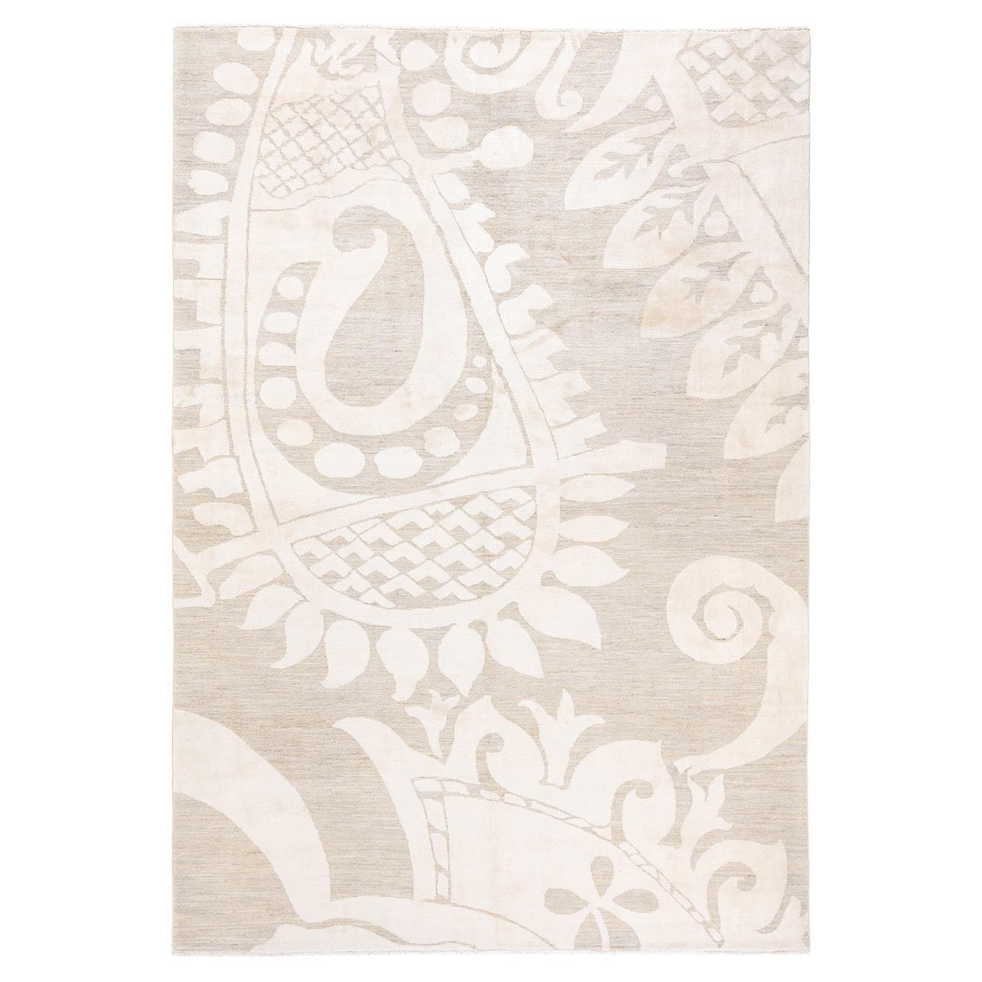 Tapis de zone ivoire éclectique en laine nouée à la main, unique en son genre