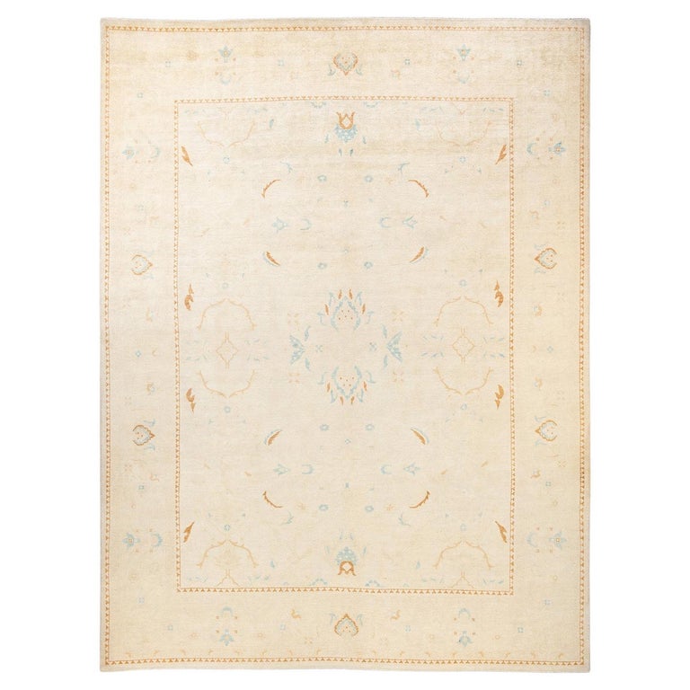 One-of-a-kind Hand Knotted Wool Eclectic Ivory Area Rug For Sale at 1stDibs