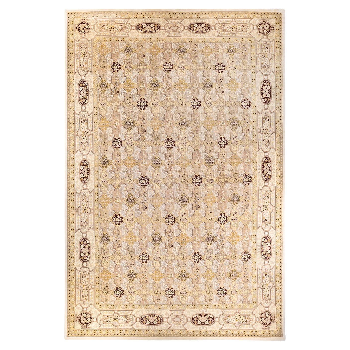 One-of-a-kind Hand Knotted Wool Eclectic Ivory Area Rug For Sale