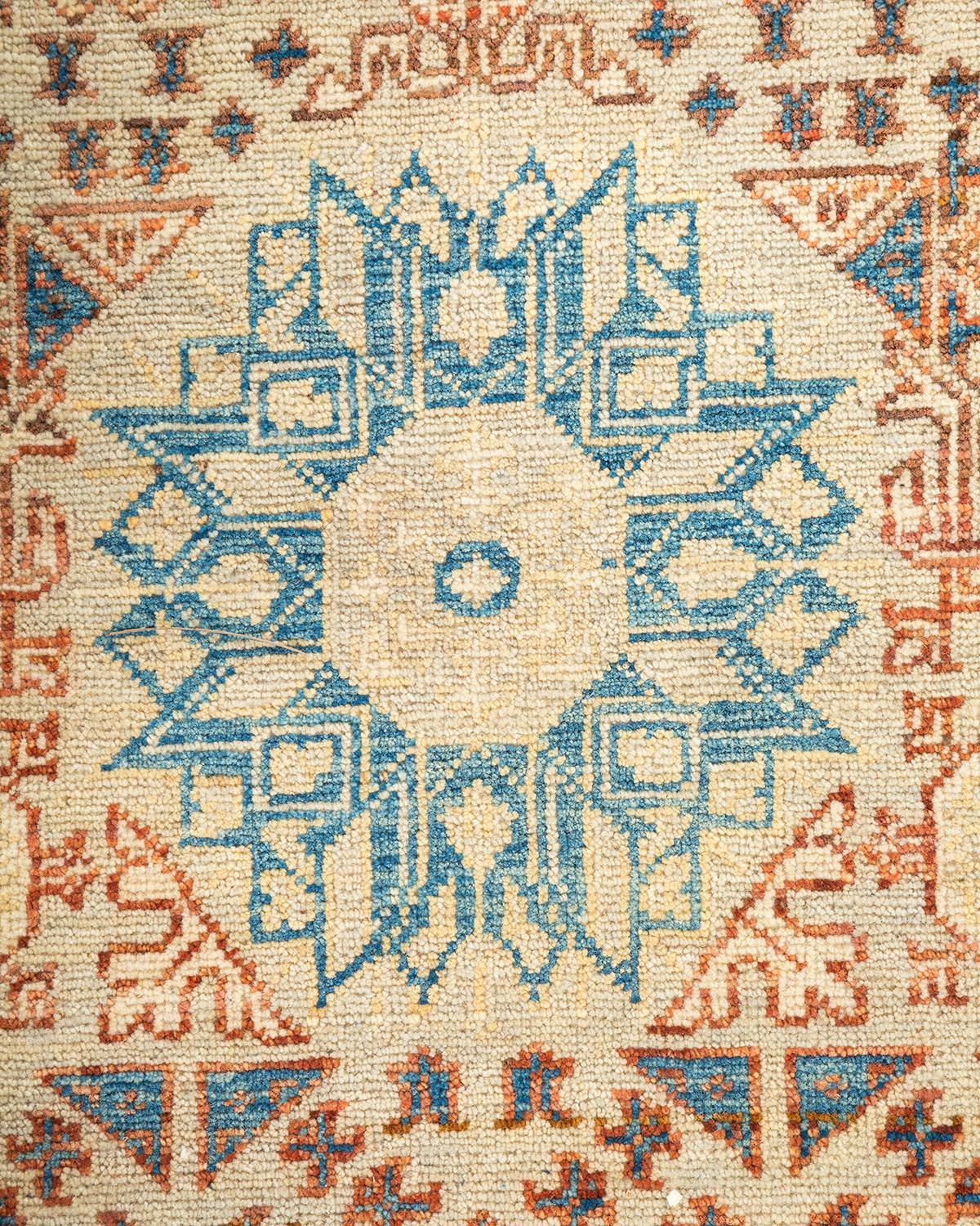 Pakistani One-of-a-kind Hand Knotted Wool Eclectic Light Blue Area Rug For Sale