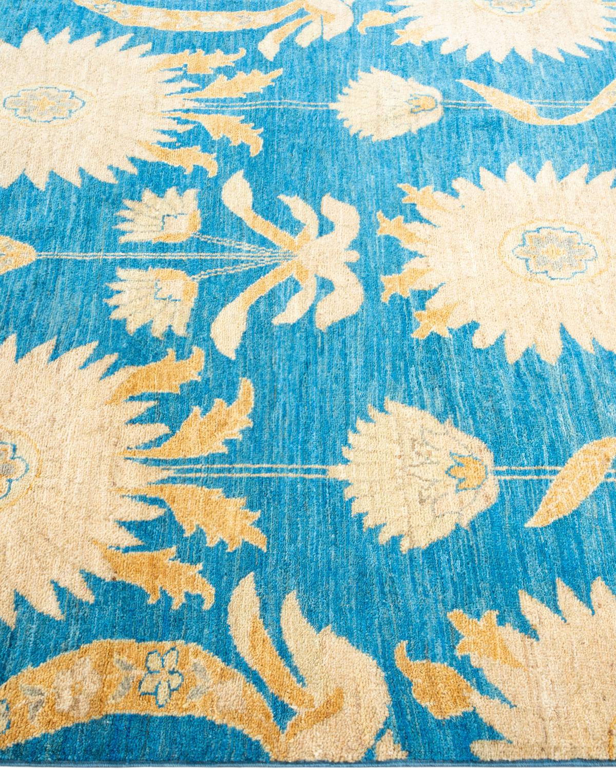 One-of-a-kind Hand Knotted Wool Eclectic Light Blue Area Rug In New Condition For Sale In Norwalk, CT