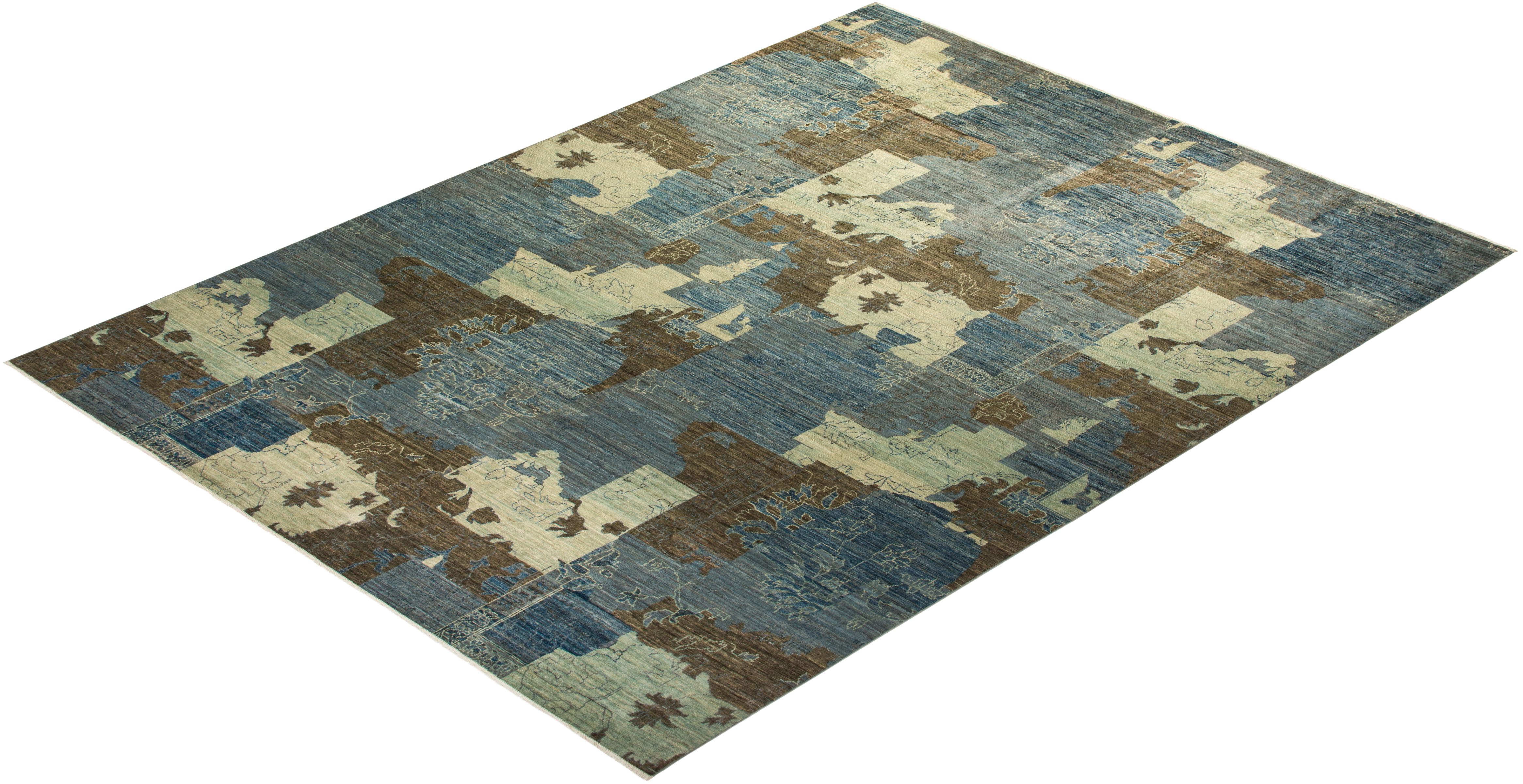 One-of-a-kind Hand Knotted Wool Eclectic Light Blue Area Rug For Sale 3