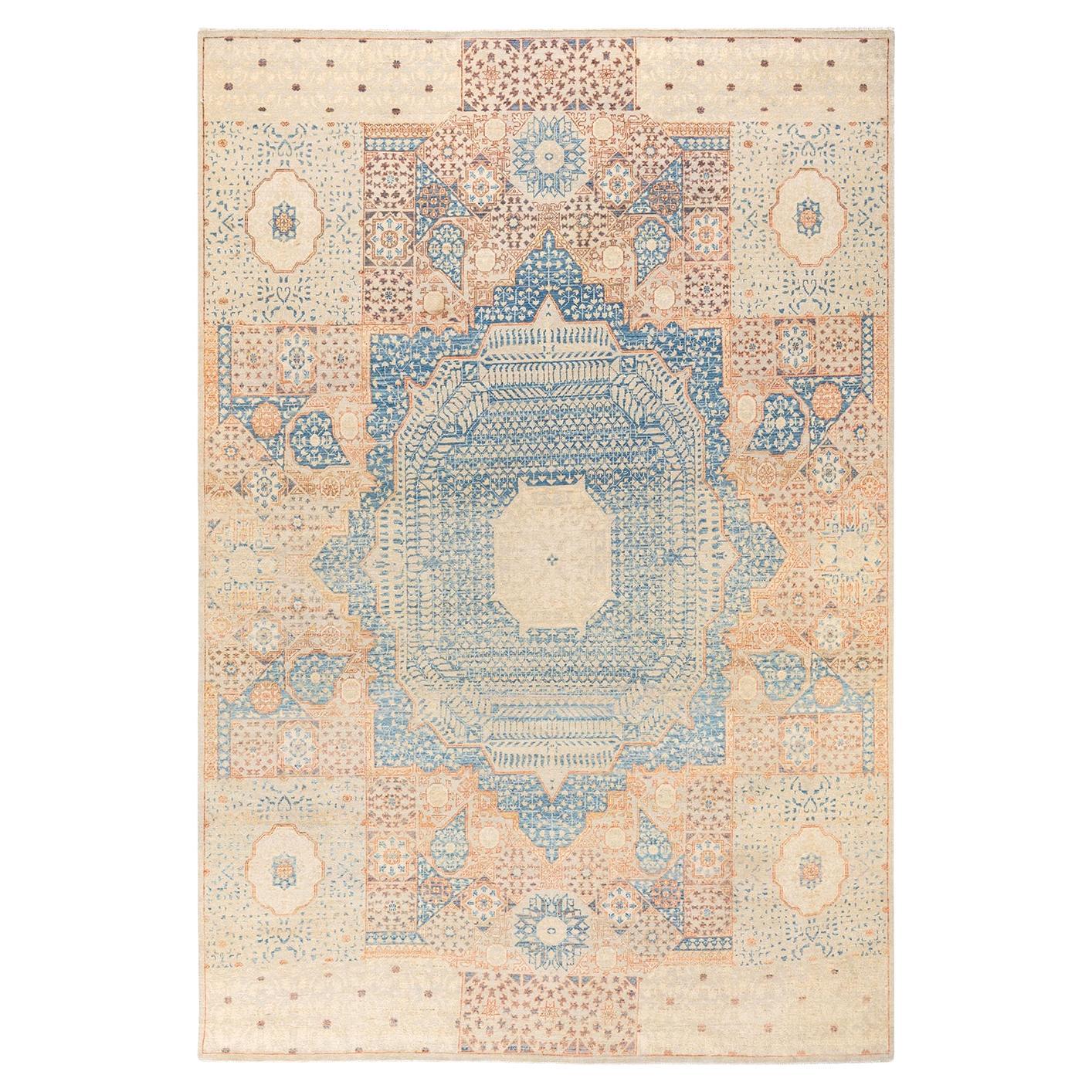 One-of-a-kind Hand Knotted Wool Eclectic Light Blue Area Rug For Sale