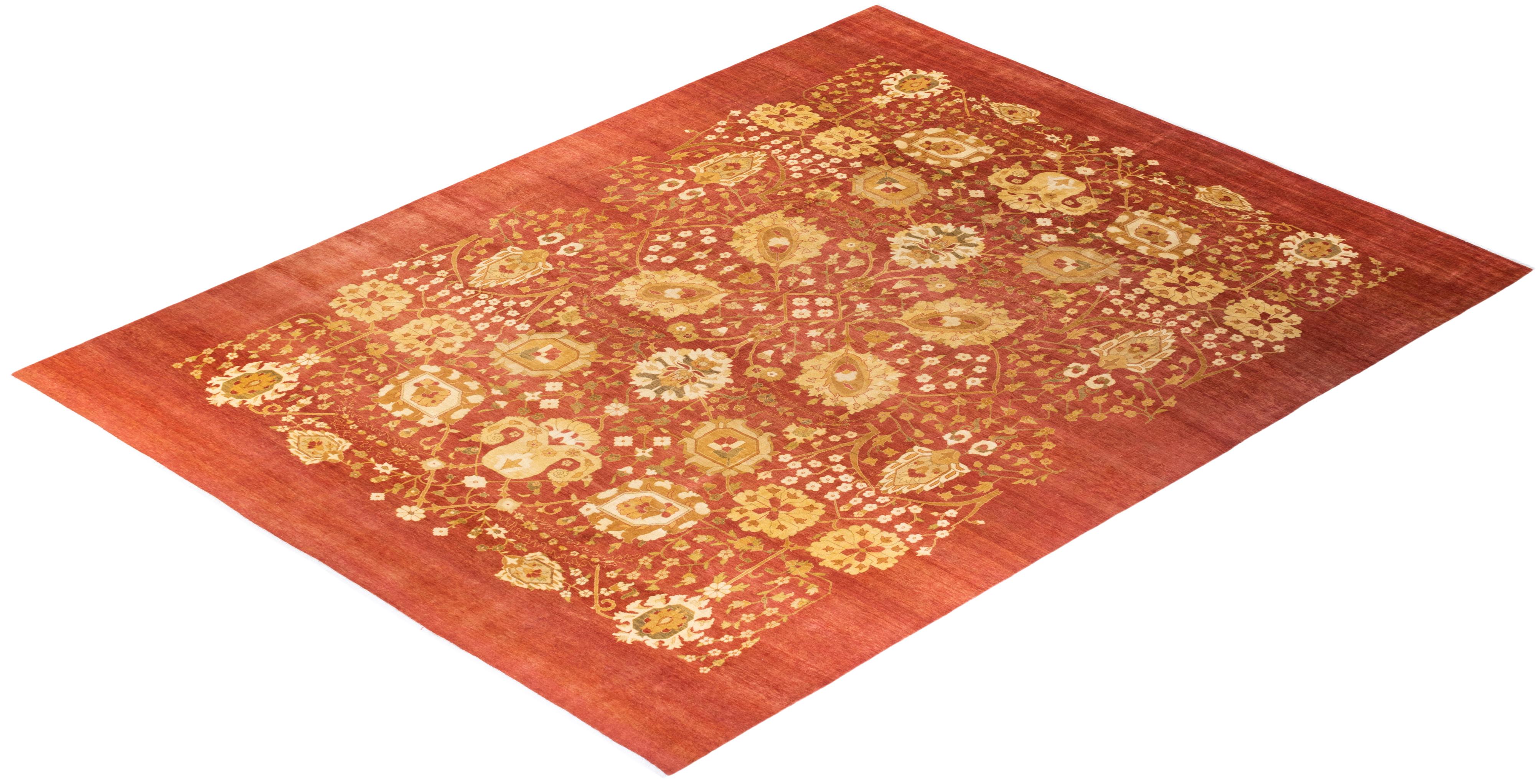 Handgeknüpfter, eklektischer orangefarbener Teppich aus Wolle, Unikat im Angebot 3