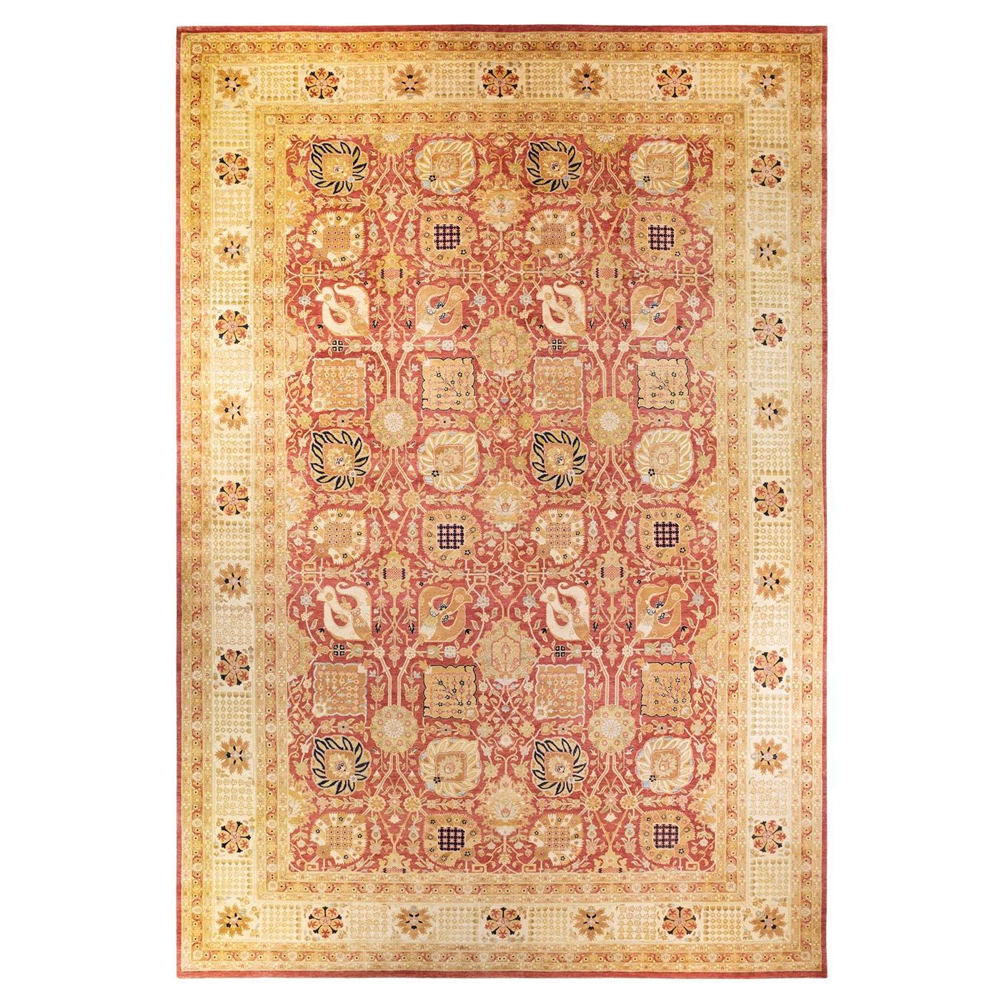 Tapis orange éclectique en laine nouée à la main, unique en son genre