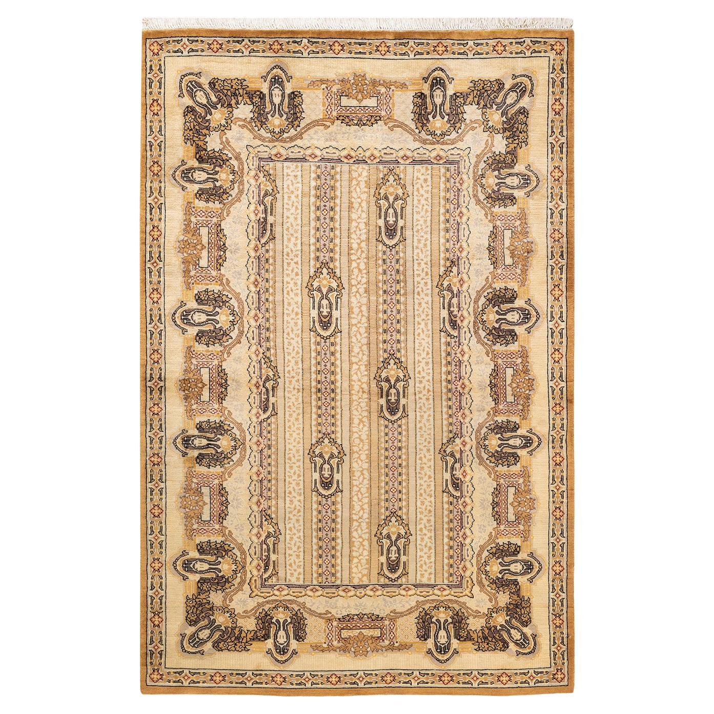 One-of-a-kind Hand Knotted Wool Eclectic Yellow Area Rug For Sale