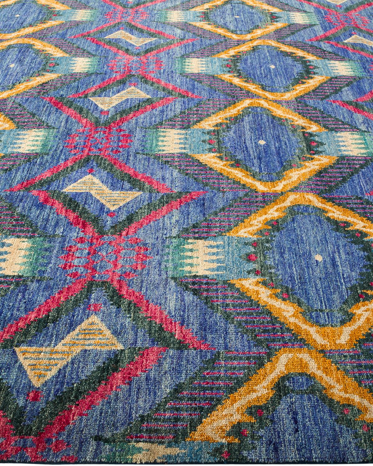 One-of-a-Kind Hand Knotted Wool Modern Blue Area Rug In New Condition For Sale In Norwalk, CT
