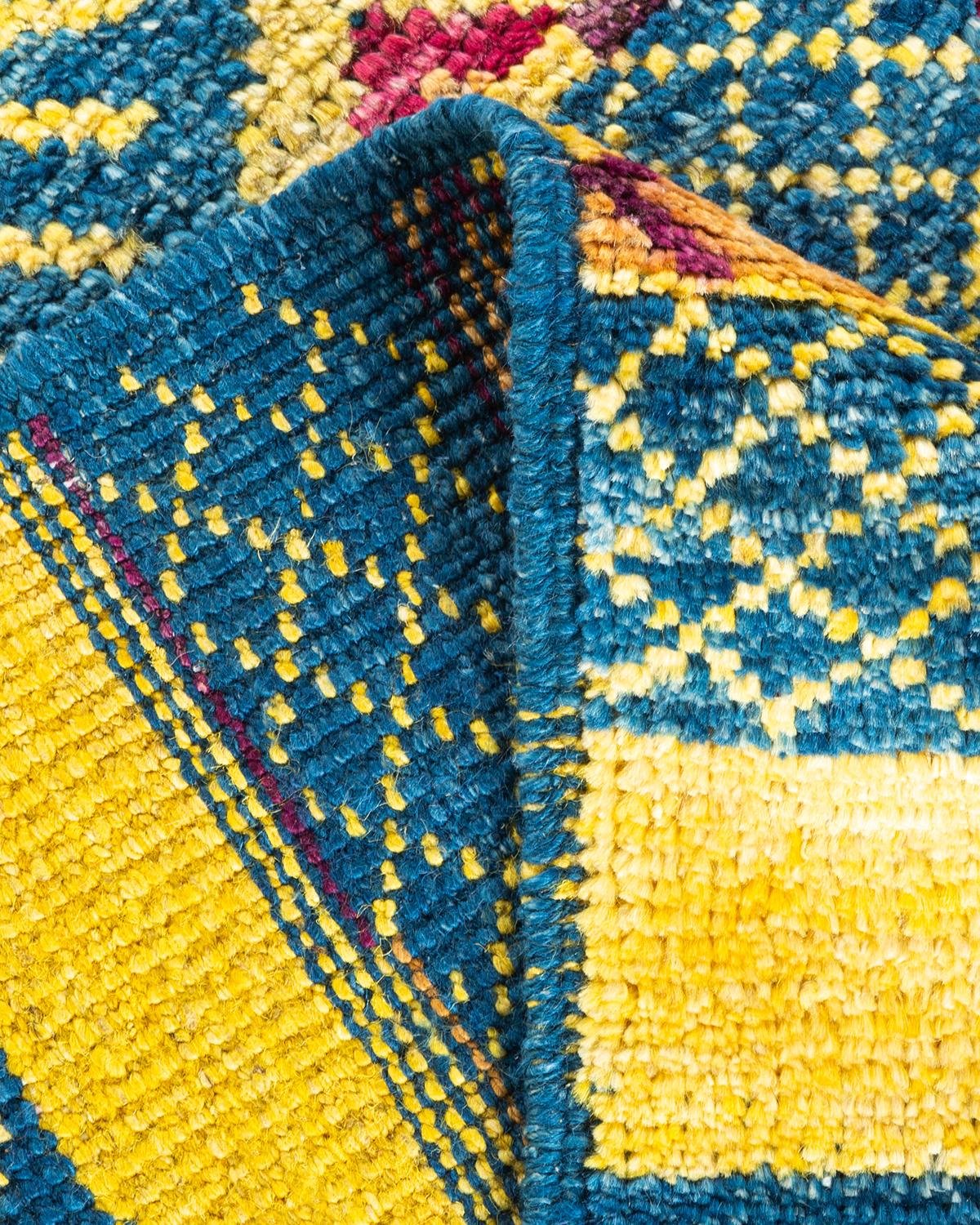 Laine Tapis bleu moderne en laine nouée à la main, unique en son genre en vente