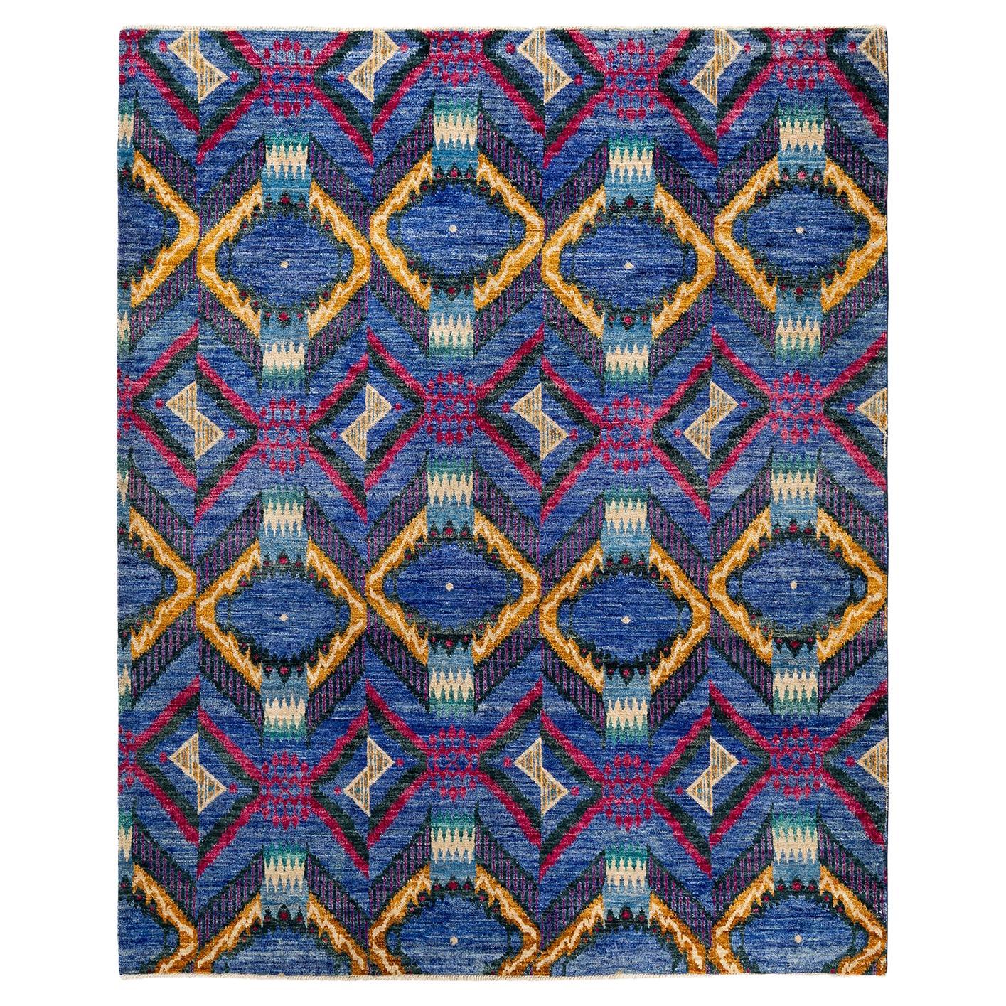 One-of-a-Kind Hand Knotted Wool Modern Blue Area Rug For Sale