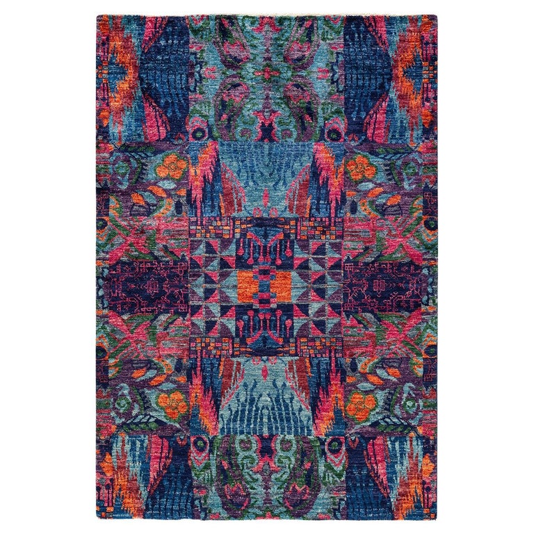 One-of-a-Kind Hand Knotted Wool Modern Blue Area Rug For Sale at 1stDibs