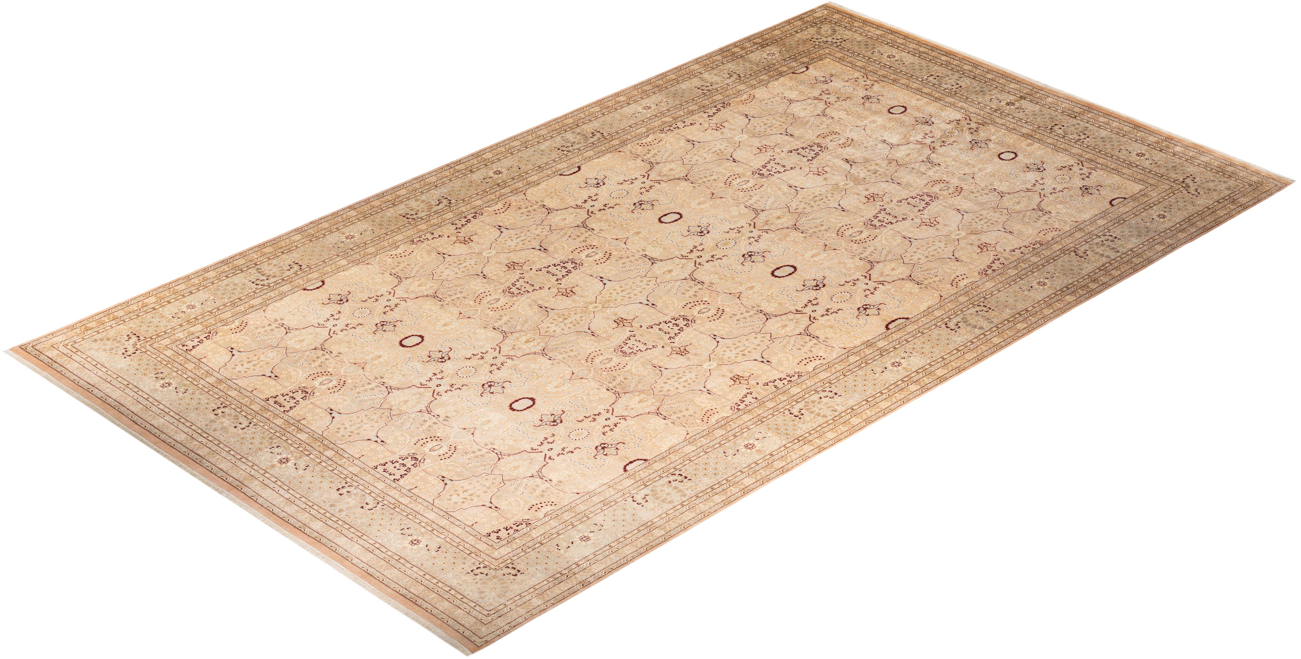 Handgeknüpfter Mogul-Teppich aus Wolle in Beige, Unikat im Angebot 3