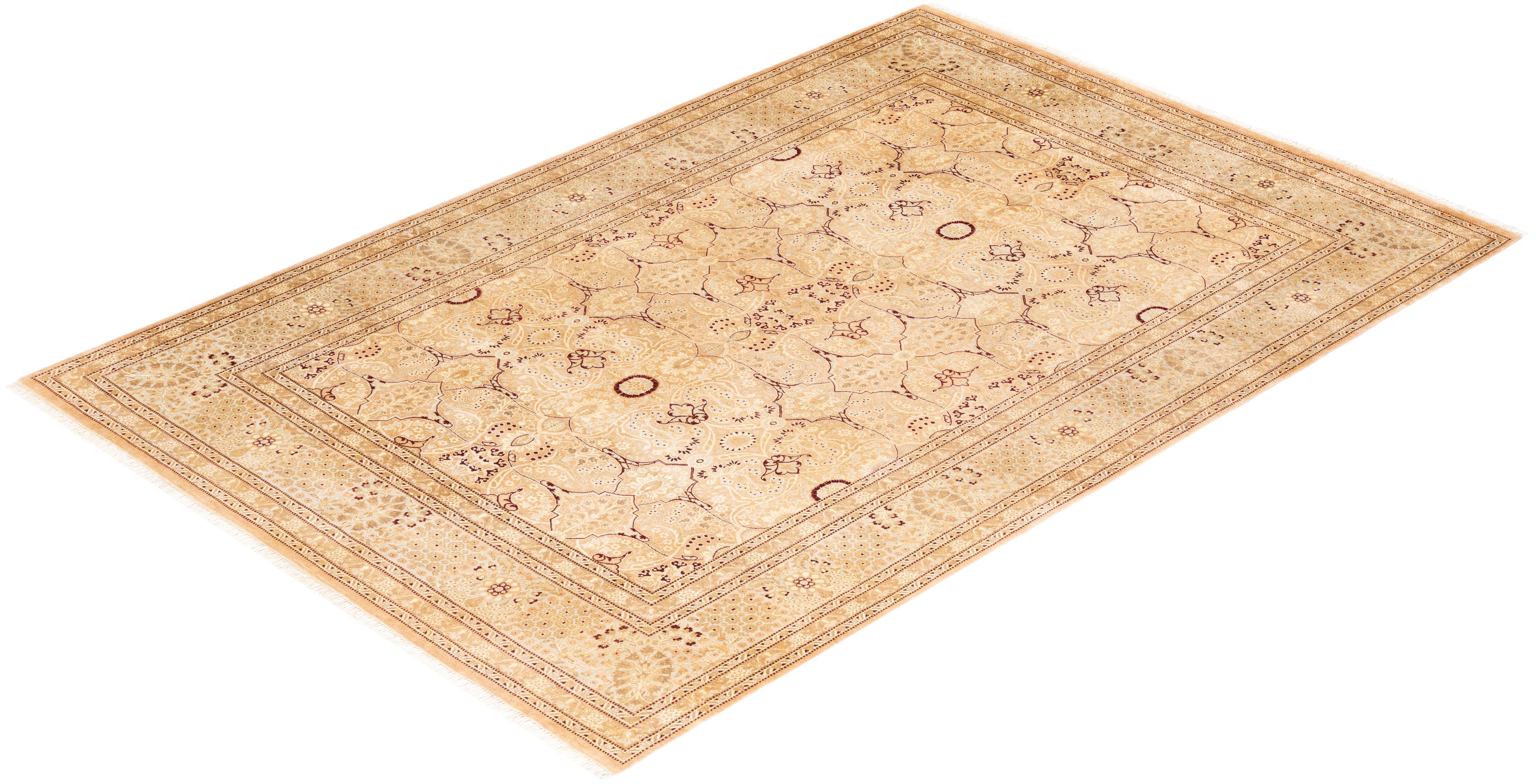 Handgeknüpfter Mogul-Teppich aus Wolle in Beige, Unikat im Angebot 3