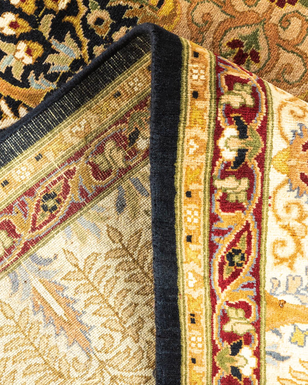 Einzigartiger handgeknüpfter Wollteppich Mogul Black Area Rug (Wolle) im Angebot