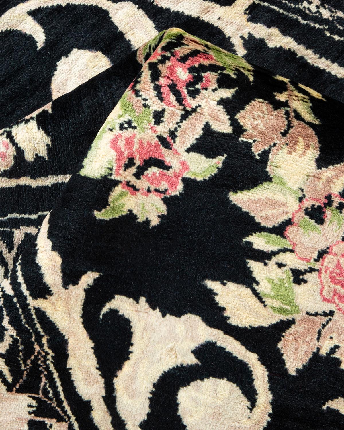 One-of-a-kind Hand Knotted Wool Mogul Black Area Rug For Sale 2