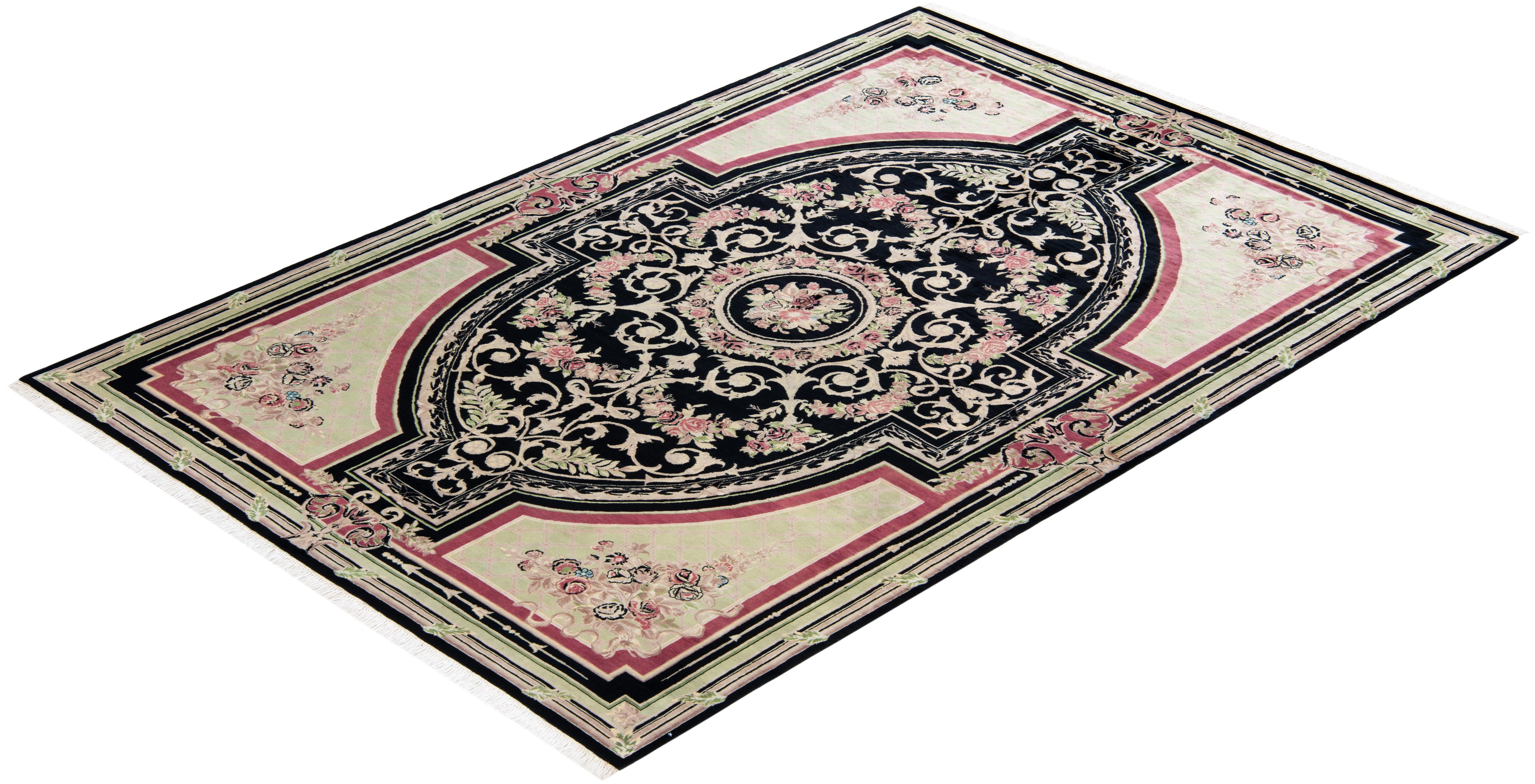 One-of-a-kind Hand Knotted Wool Mogul Black Area Rug For Sale 3