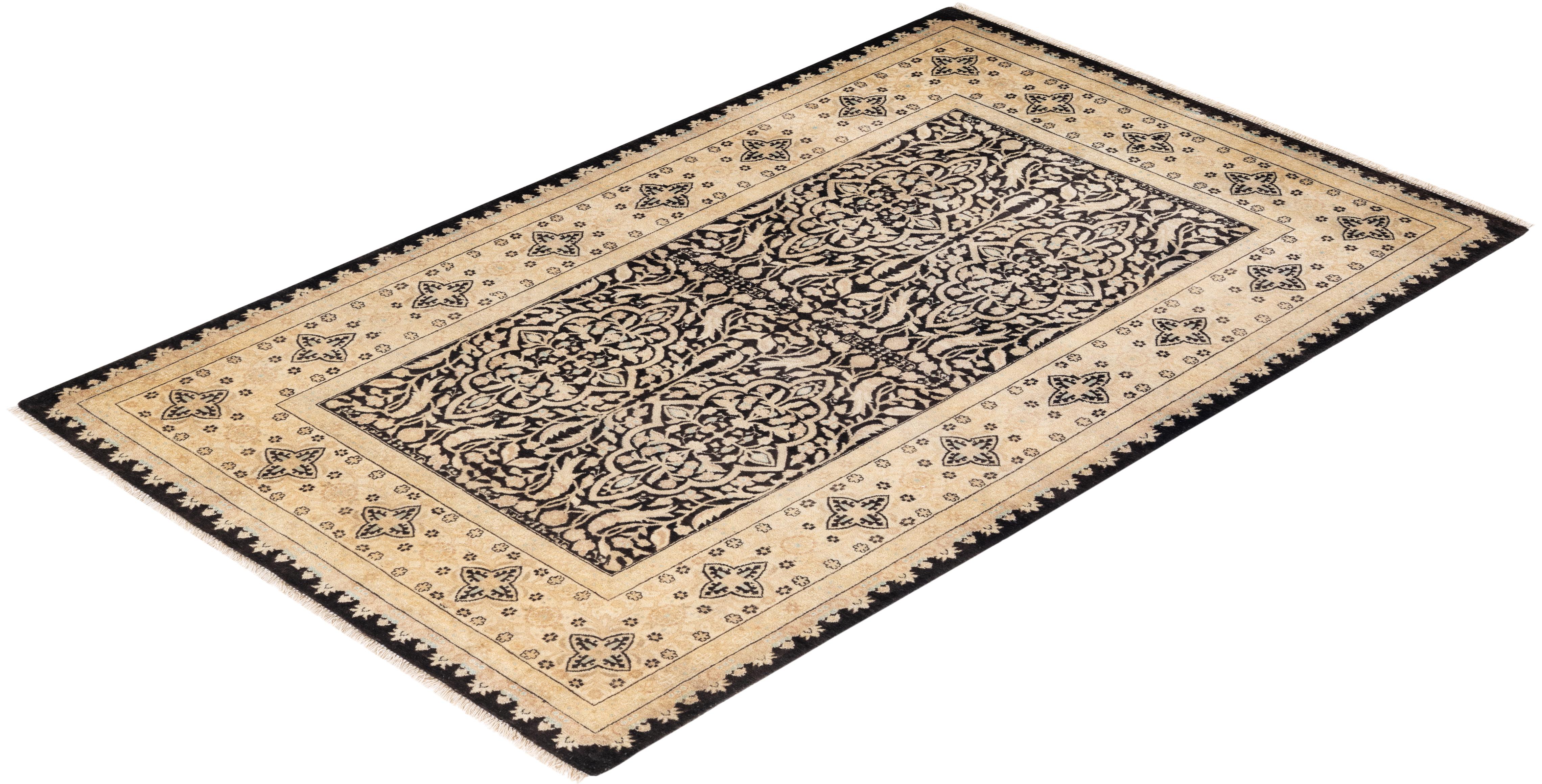 Einzigartiger handgeknüpfter Wollteppich Mogul Black Area Rug im Angebot 2