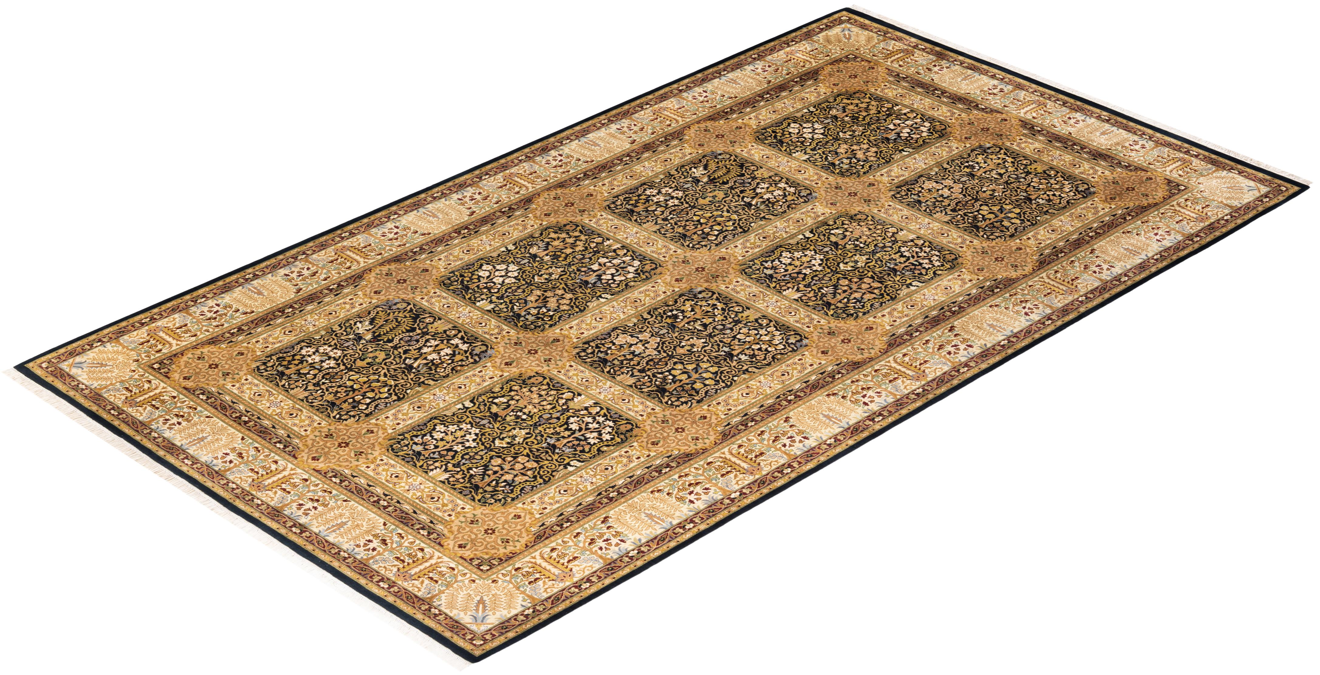 Einzigartiger handgeknüpfter Wollteppich Mogul Black Area Rug im Angebot 2