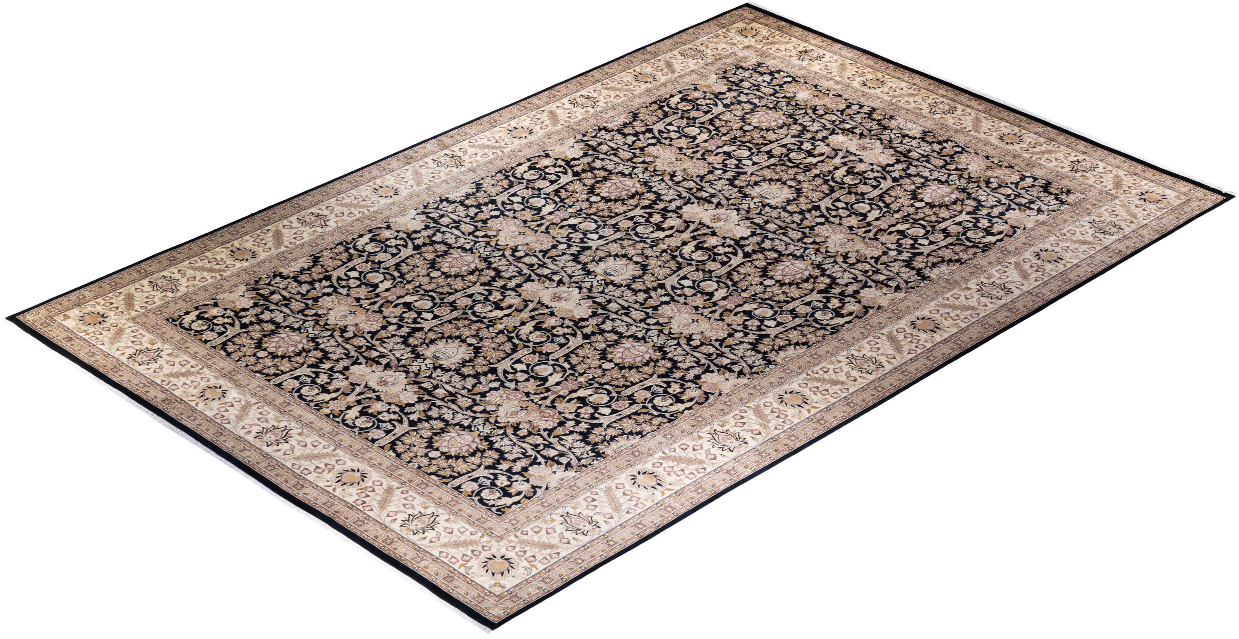 One-of-a-kind Hand Knotted Wool Mogul Black Area Rug For Sale 3
