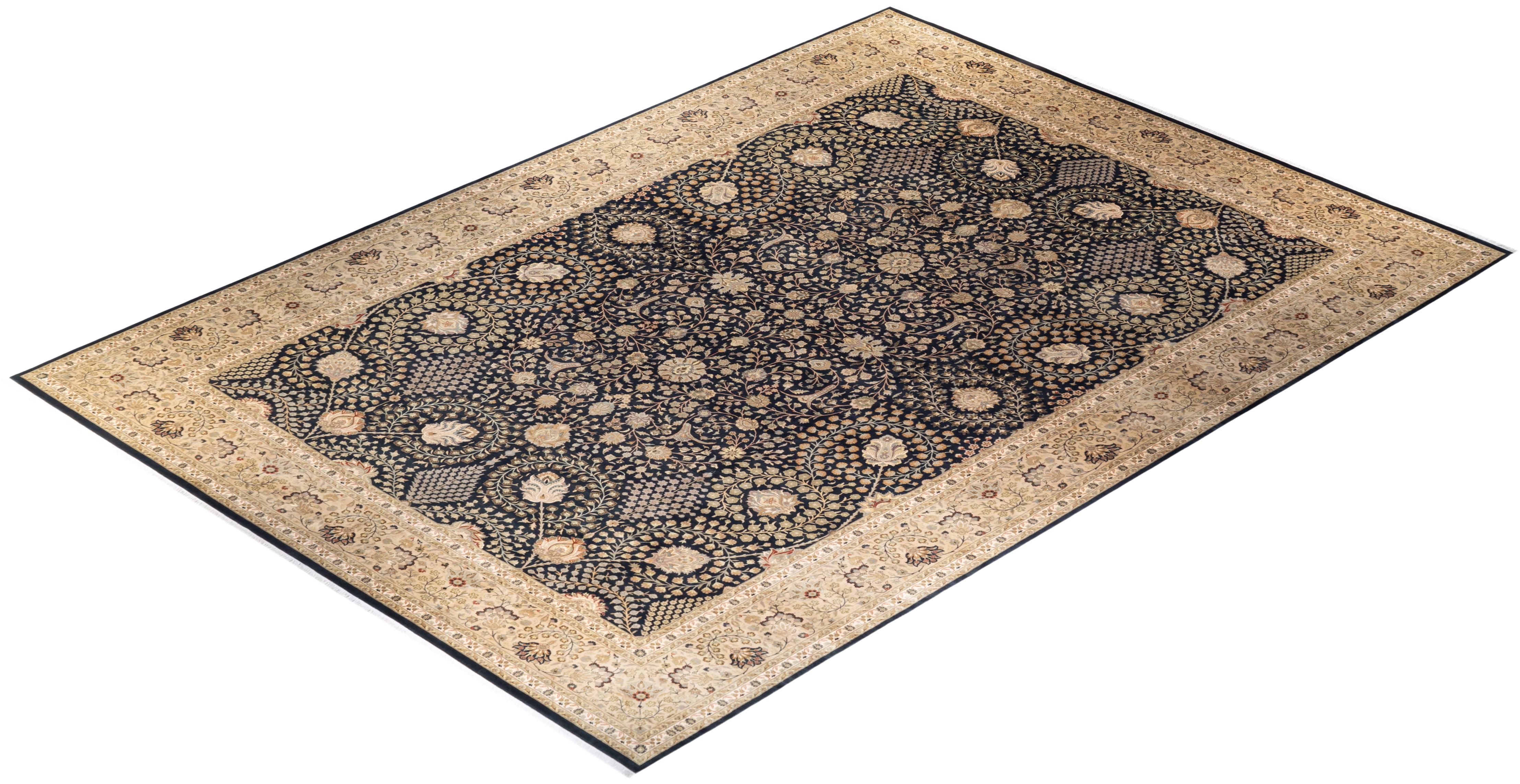 One-of-a-kind Hand Knotted Wool Mogul Black Area Rug For Sale 3