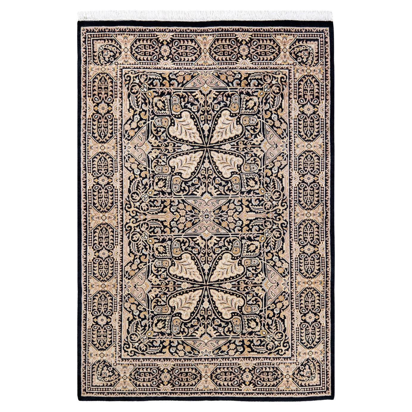 One-of-a-kind Hand Knotted Wool Mogul Black Area Rug For Sale