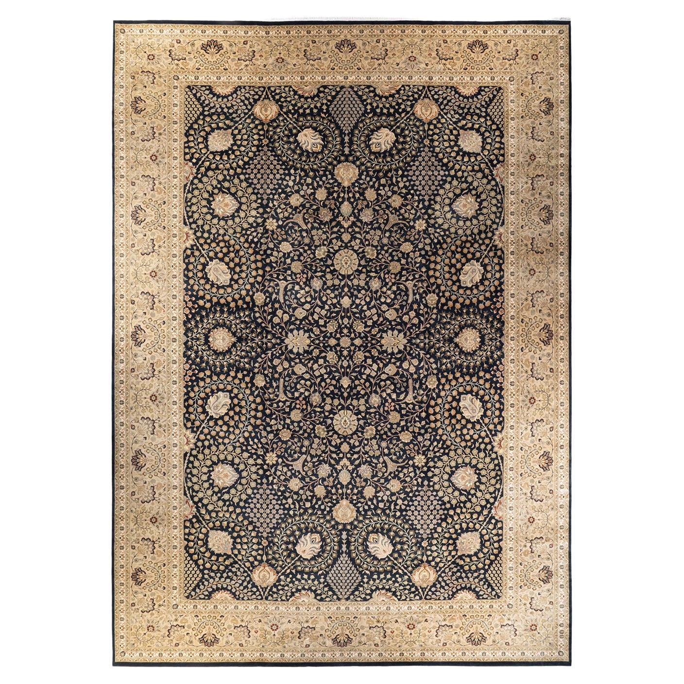 One-of-a-kind Hand Knotted Wool Mogul Black Area Rug For Sale