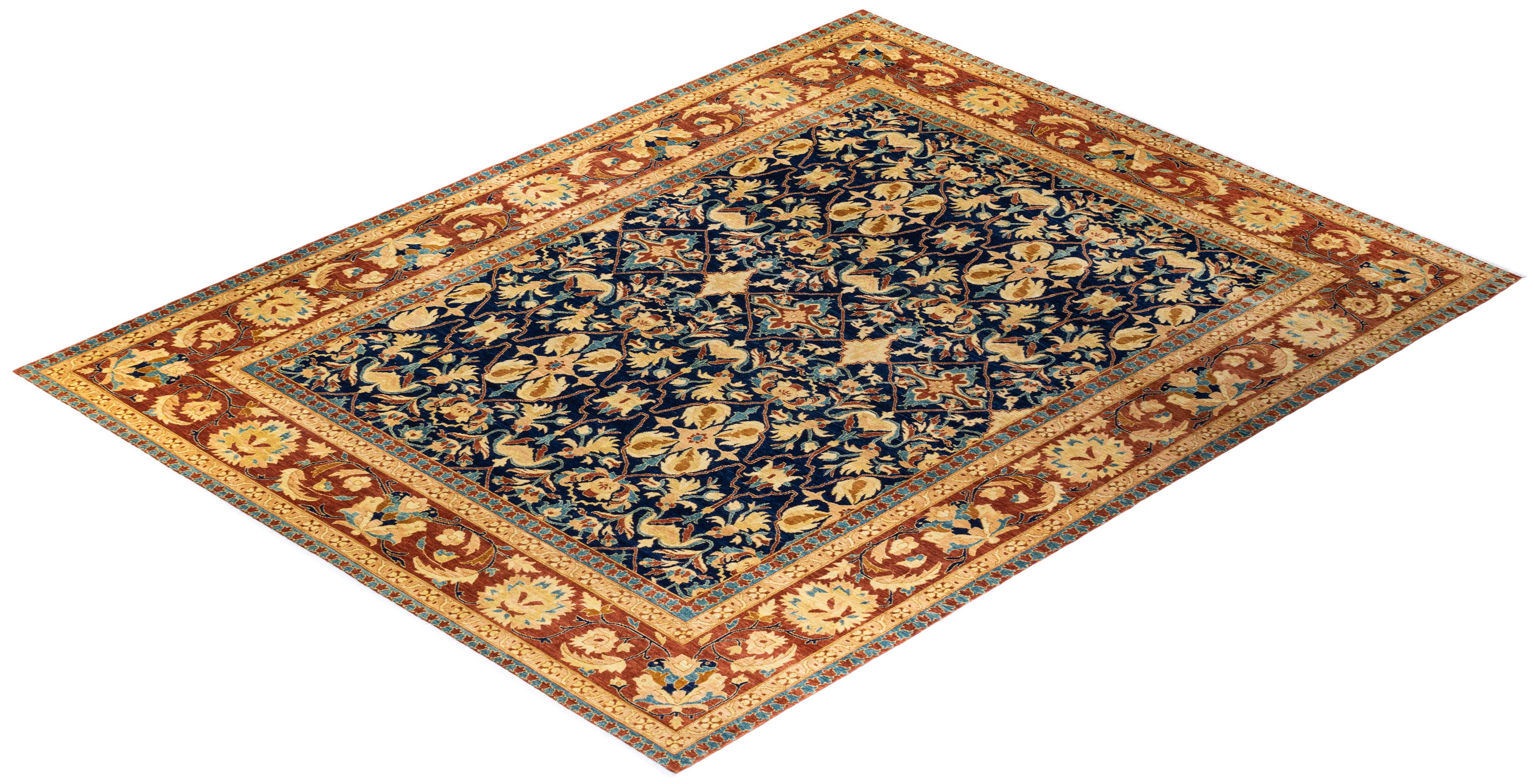 One-of-a-kind Hand Knotted Wool Mogul Blue Area Rug For Sale 3