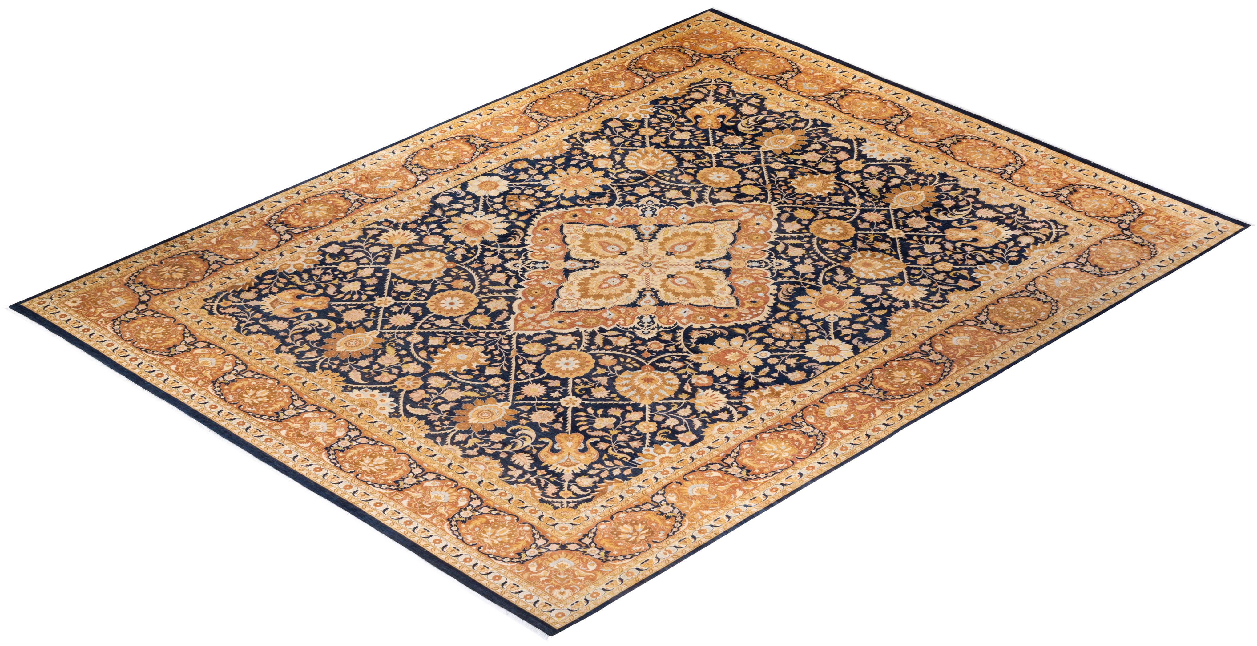 One-of-a-kind Hand Knotted Wool Mogul Blue Area Rug For Sale 3