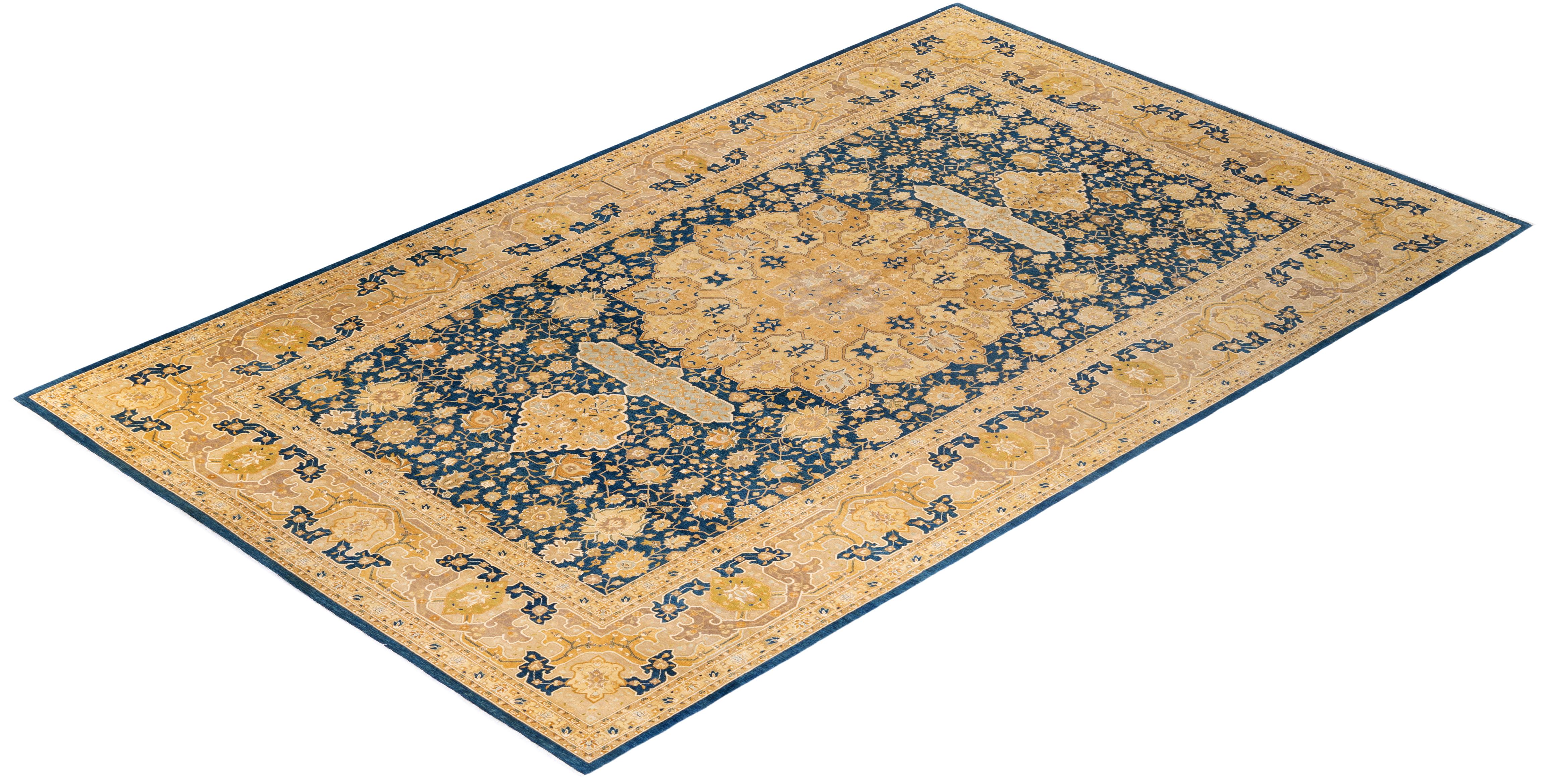 Handgeknüpfter Mogul-Blauer Teppich aus Wolle, Unikat im Angebot 3