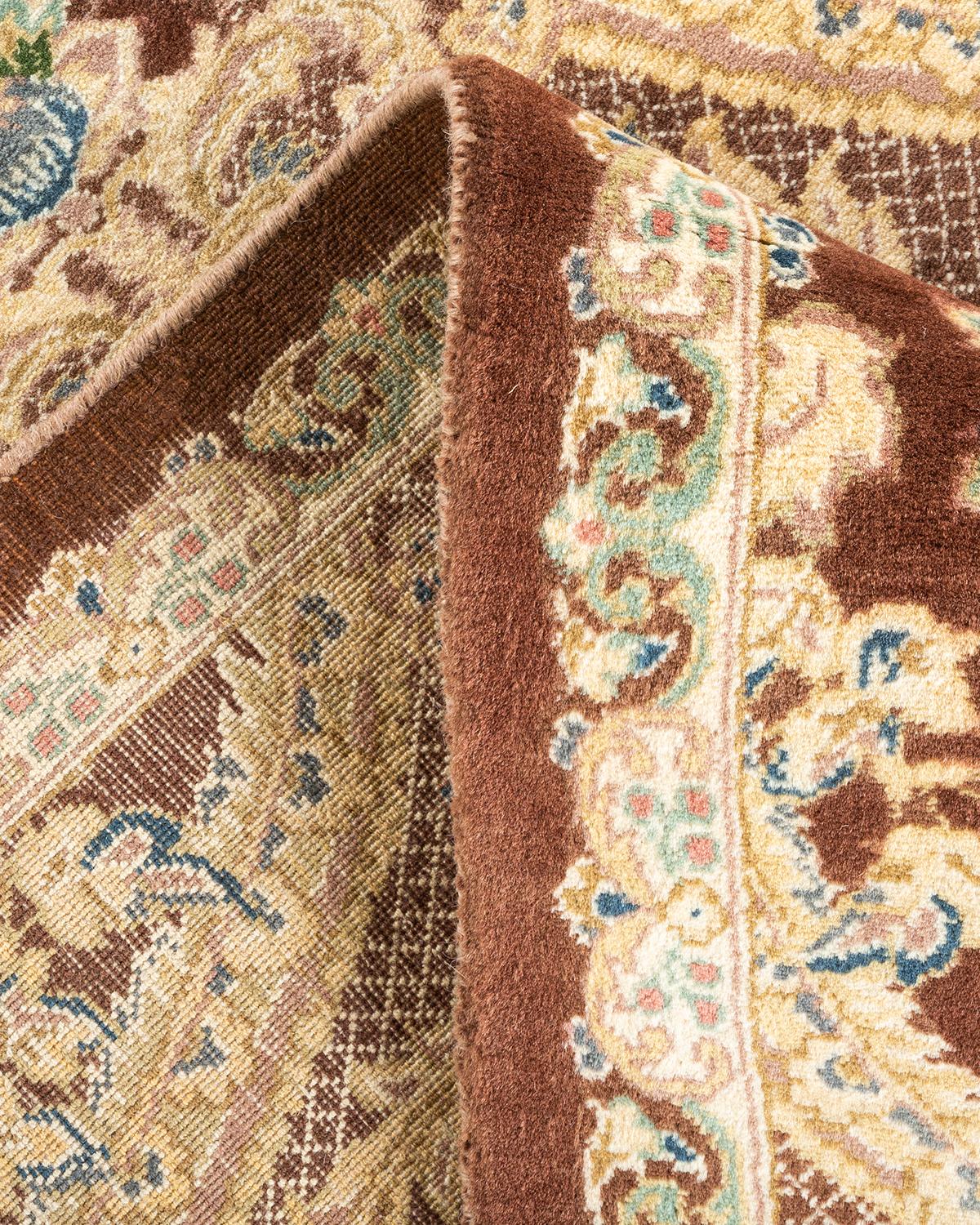 Laine Tapis Mogul marron en laine noué à la main, unique en son genre en vente