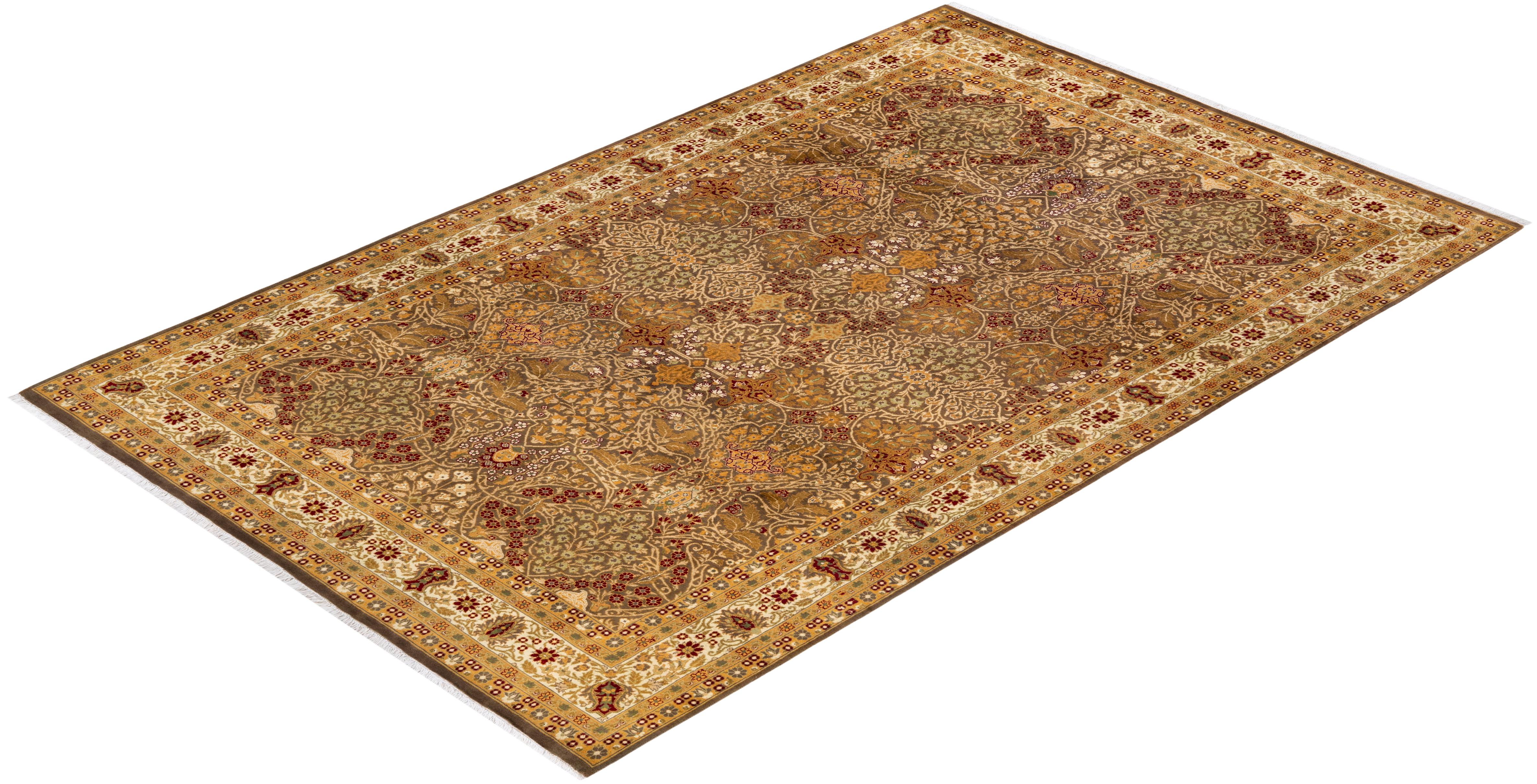 One-of-a-kind Hand Knotted Wool Mogul Brown Area Rug For Sale 3