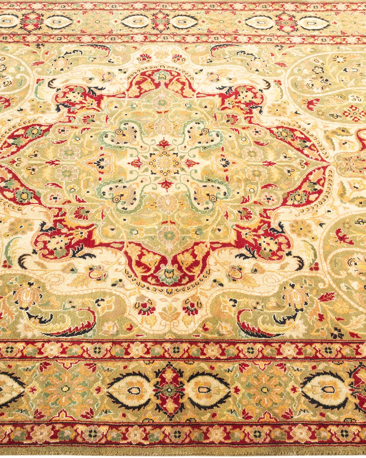 One-of-a-kind Hand Knotted Wool Mogul Green Area Rug In New Condition For Sale In Norwalk, CT