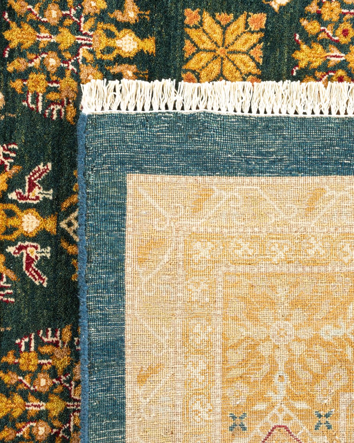 XXIe siècle et contemporain Tapis Mogul vert en laine noué à la main, unique en son genre en vente