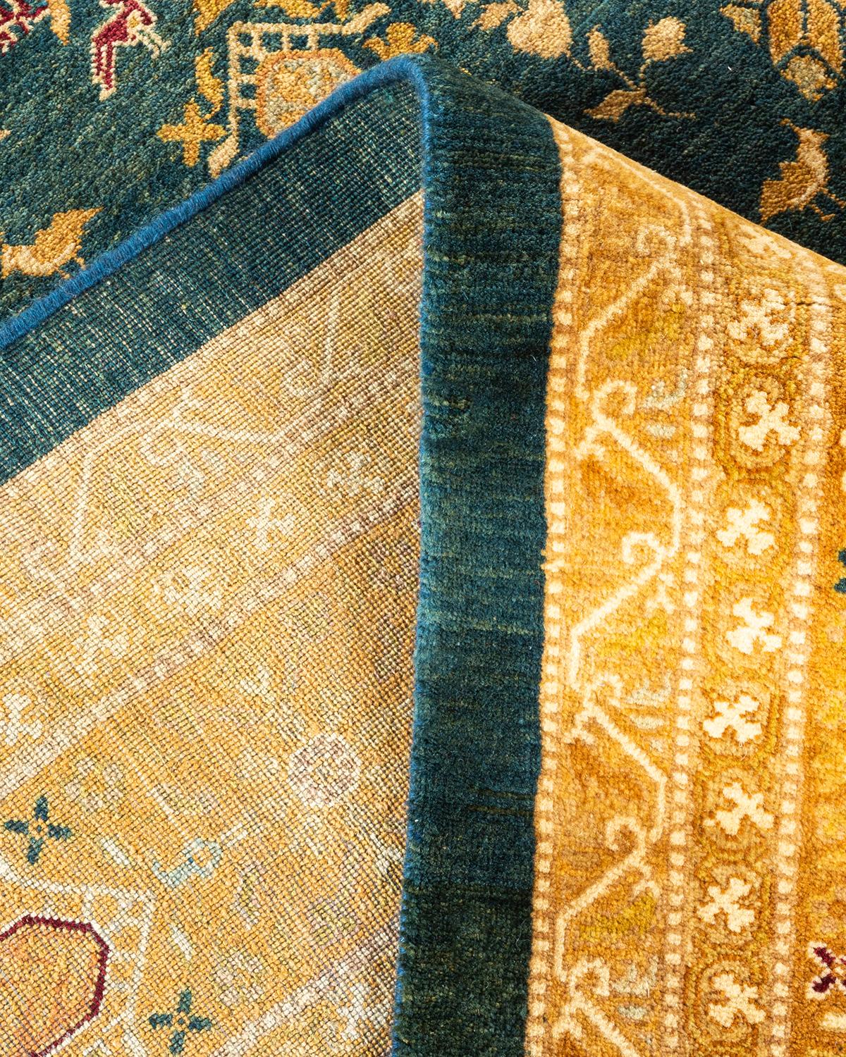 Laine Tapis Mogul vert en laine noué à la main, unique en son genre en vente