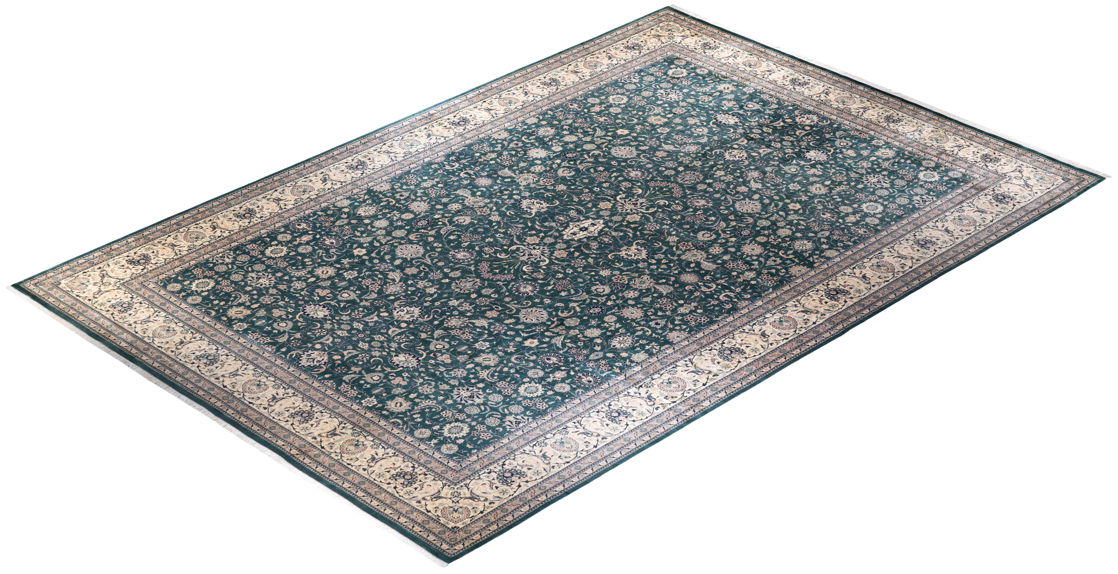 One-of-a-kind Hand Knotted Wool Mogul Green Area Rug For Sale 3