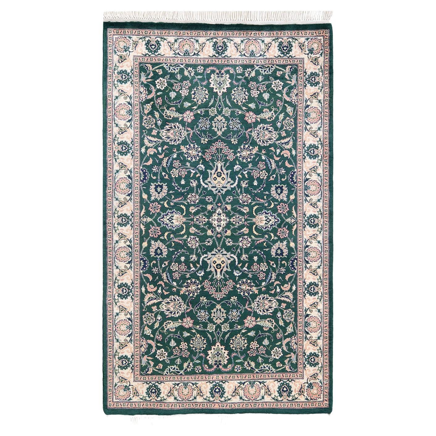One-of-a-kind Hand Knotted Wool Mogul Green Area Rug For Sale