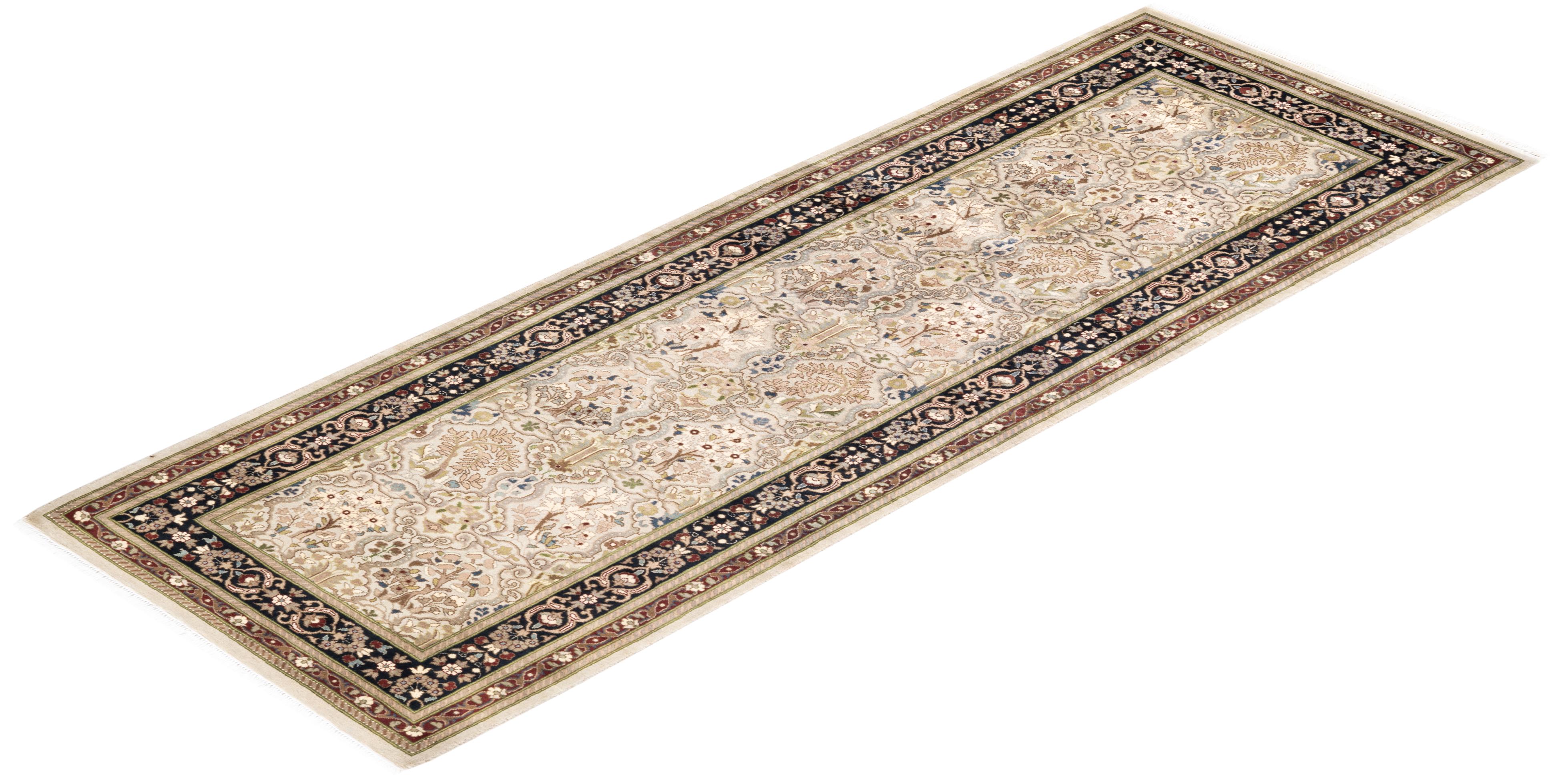 One-of-a-Kind Hand Knotted Wool Mogul Ivory Area Rug For Sale 3