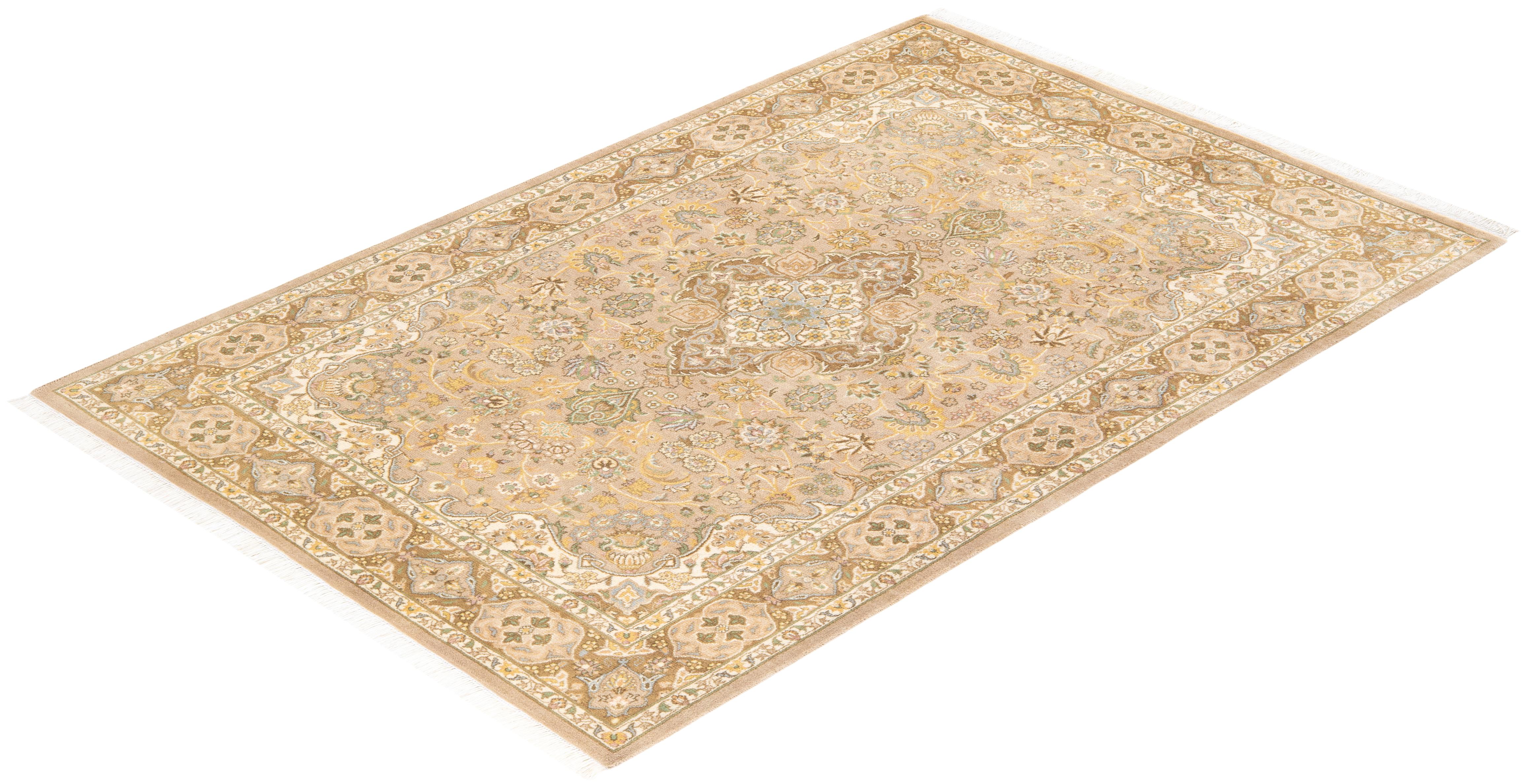 One-of-a-kind Hand Knotted Wool Mogul Ivory Area Rug For Sale 3