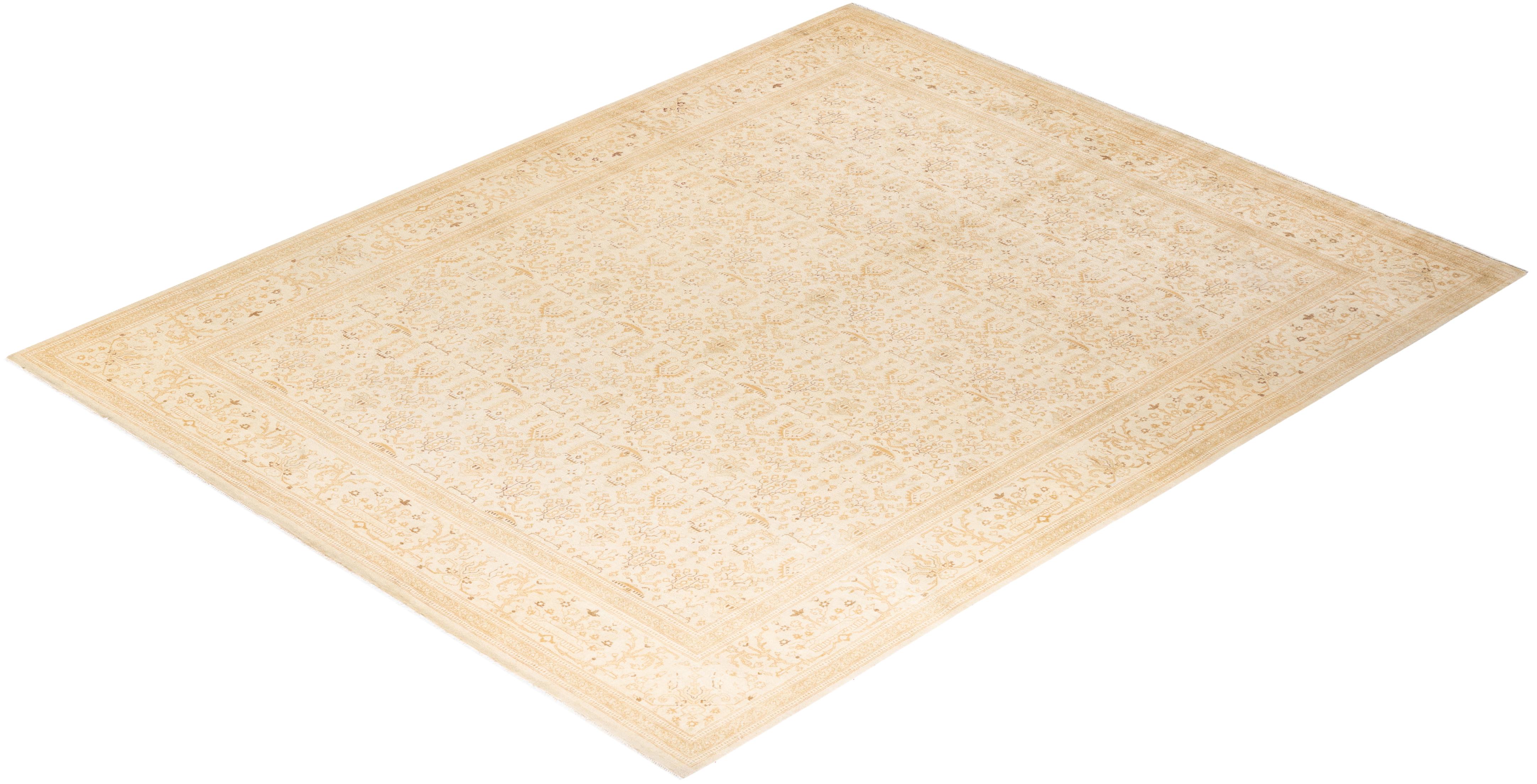 One-of-a-kind Hand Knotted Wool Mogul Ivory Area Rug For Sale 3