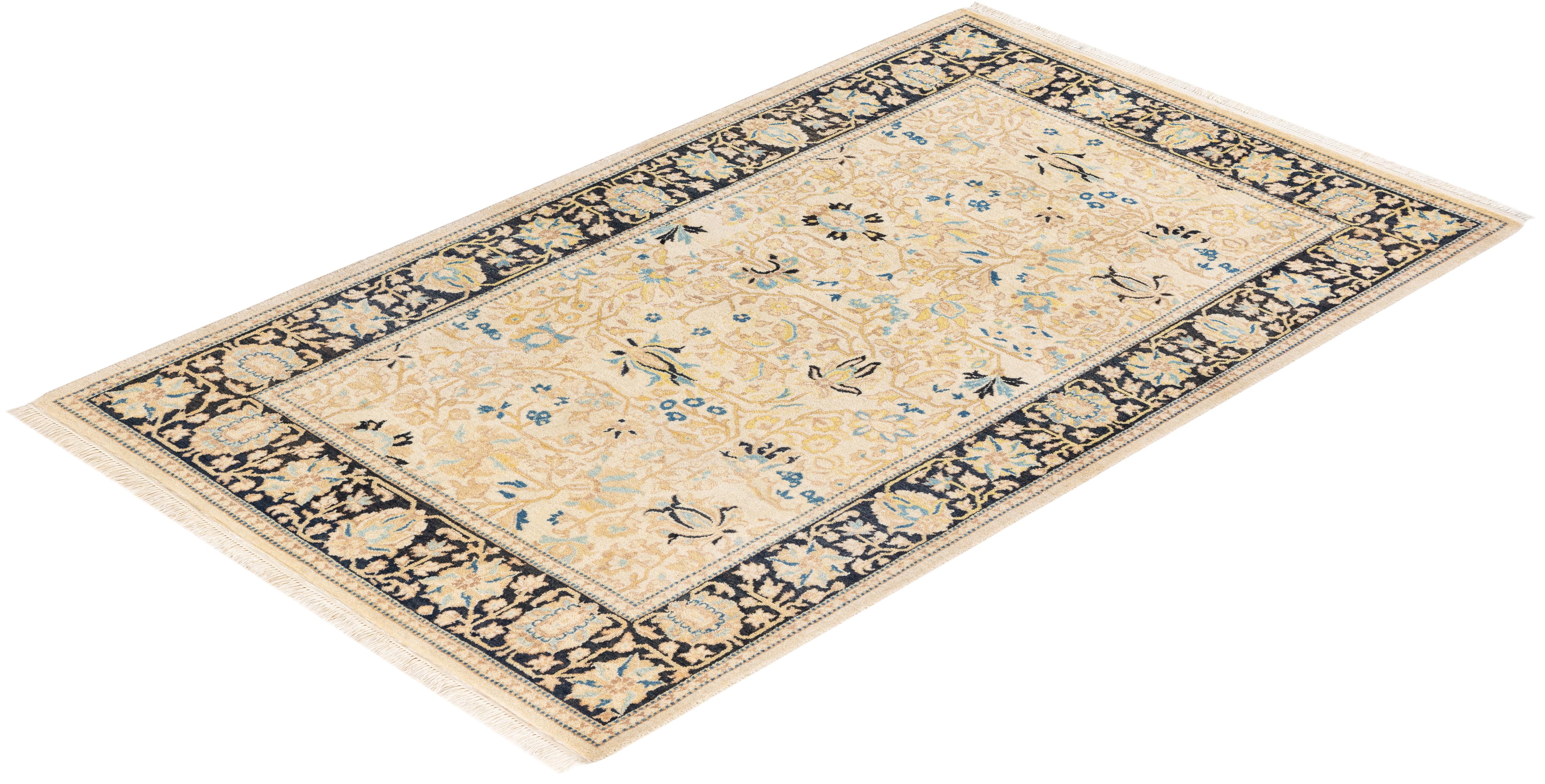 One-of-a-kind Hand Knotted Wool Mogul Ivory Area Rug For Sale 3